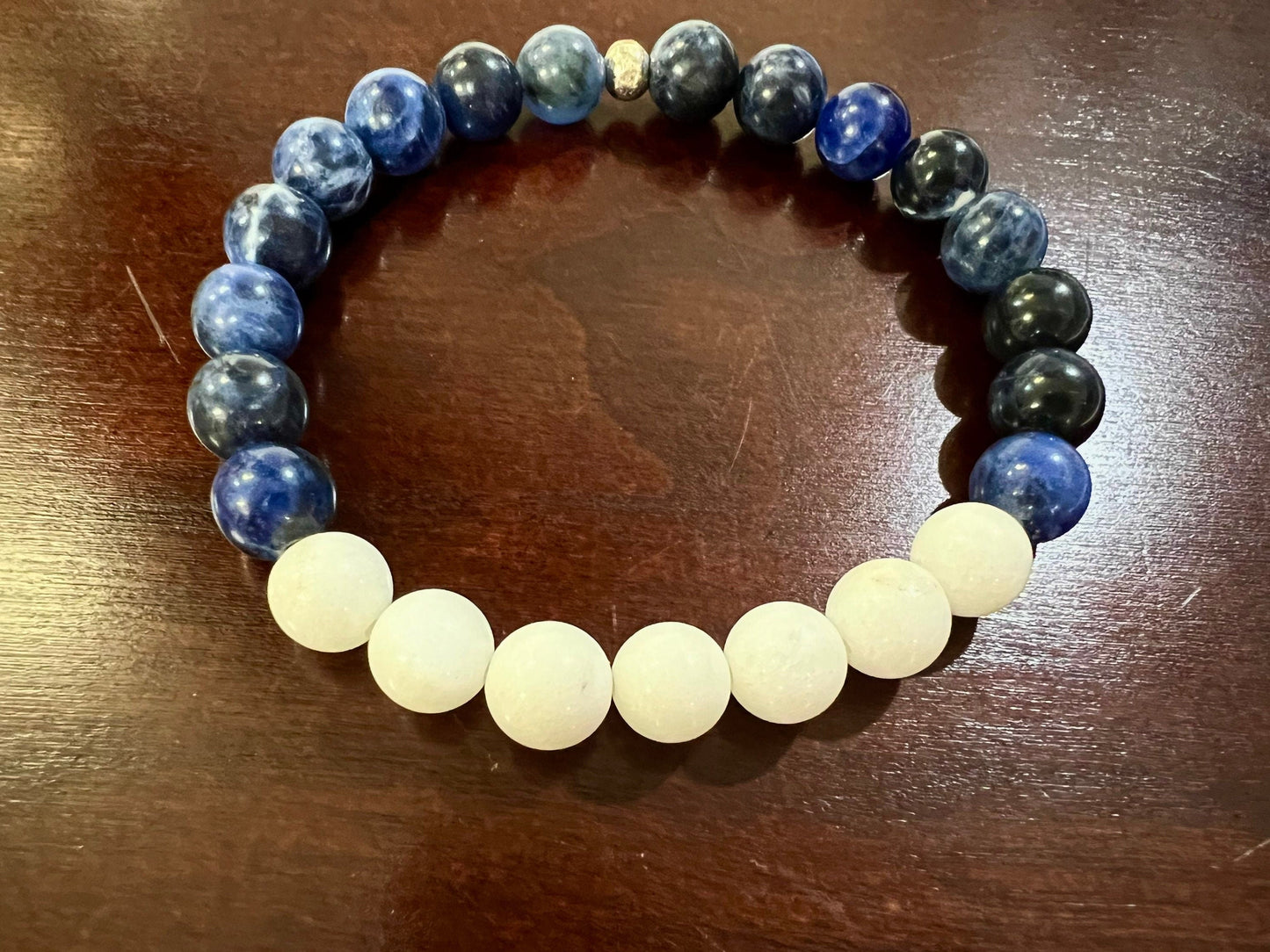 Genuine sodalite 8mm round bracelet. Sodalite with white jade and sodalite and sodalite with lamp work glass bead focal bracelet. 6”-10”