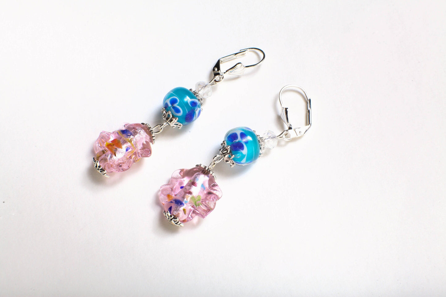 Glass Lamp work Pink Leaf Wave Bead 17x19mm Dangling with Blue Lamp Work Round Czech Glass Foil Bead Silver Earrings, Handmade Gift for Her