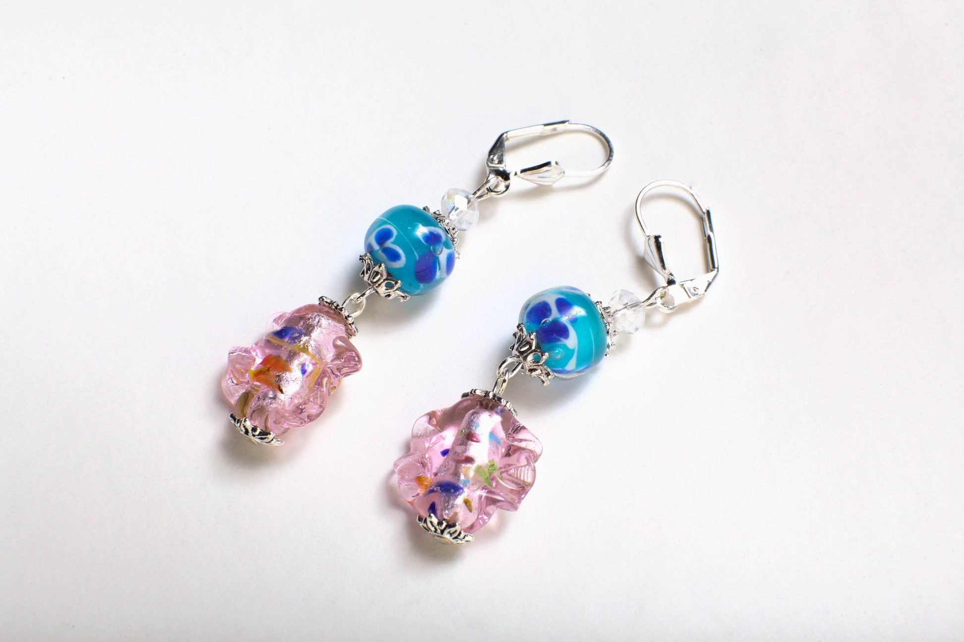Glass Lamp work Pink Leaf Wave Bead 17x19mm Dangling with Blue Lamp Work Round Czech Glass Foil Bead Silver Earrings, Handmade Gift for Her