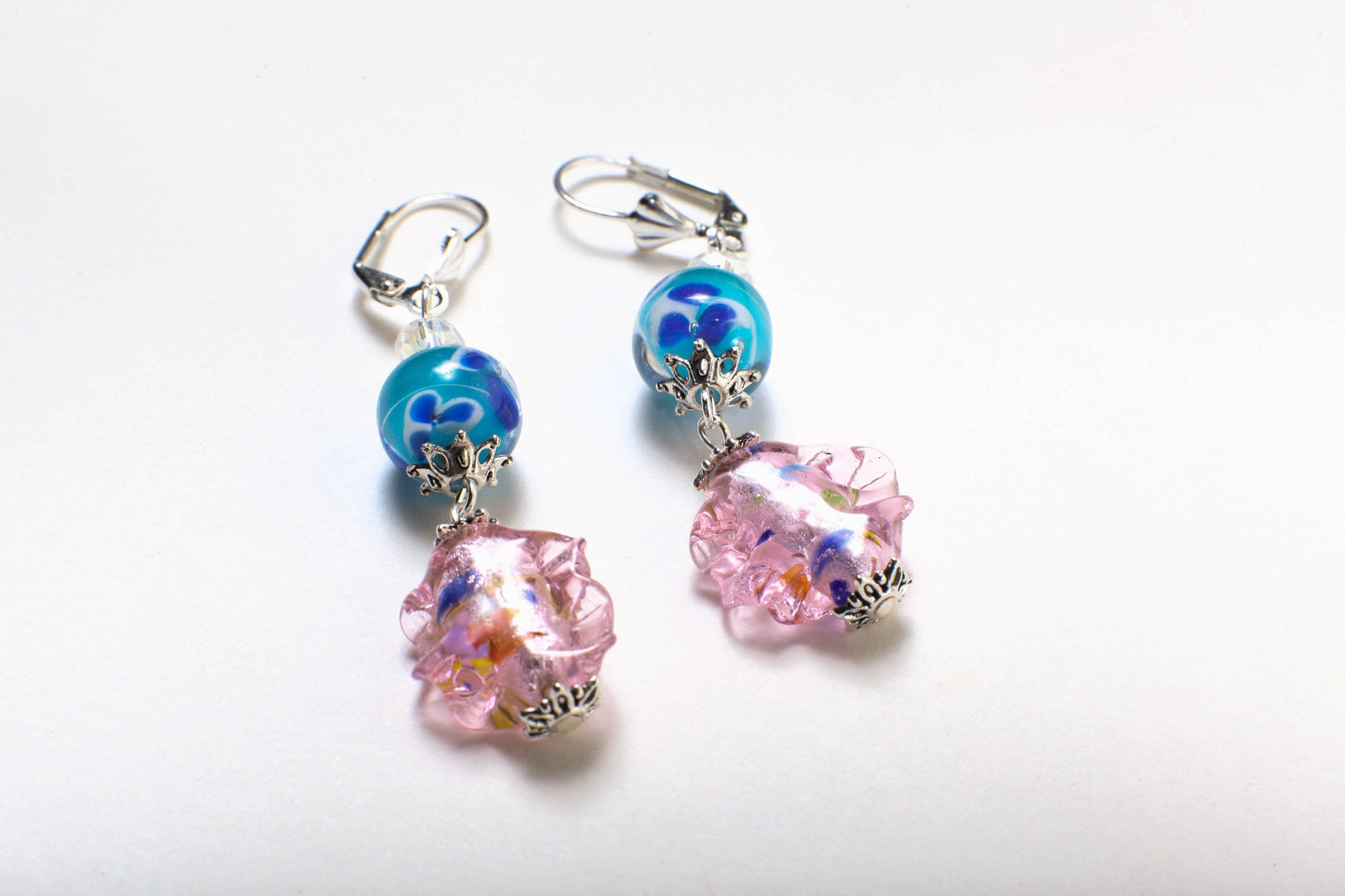 Glass Lamp work Pink Leaf Wave Bead 17x19mm Dangling with Blue Lamp Work Round Czech Glass Foil Bead Silver Earrings, Handmade Gift for Her
