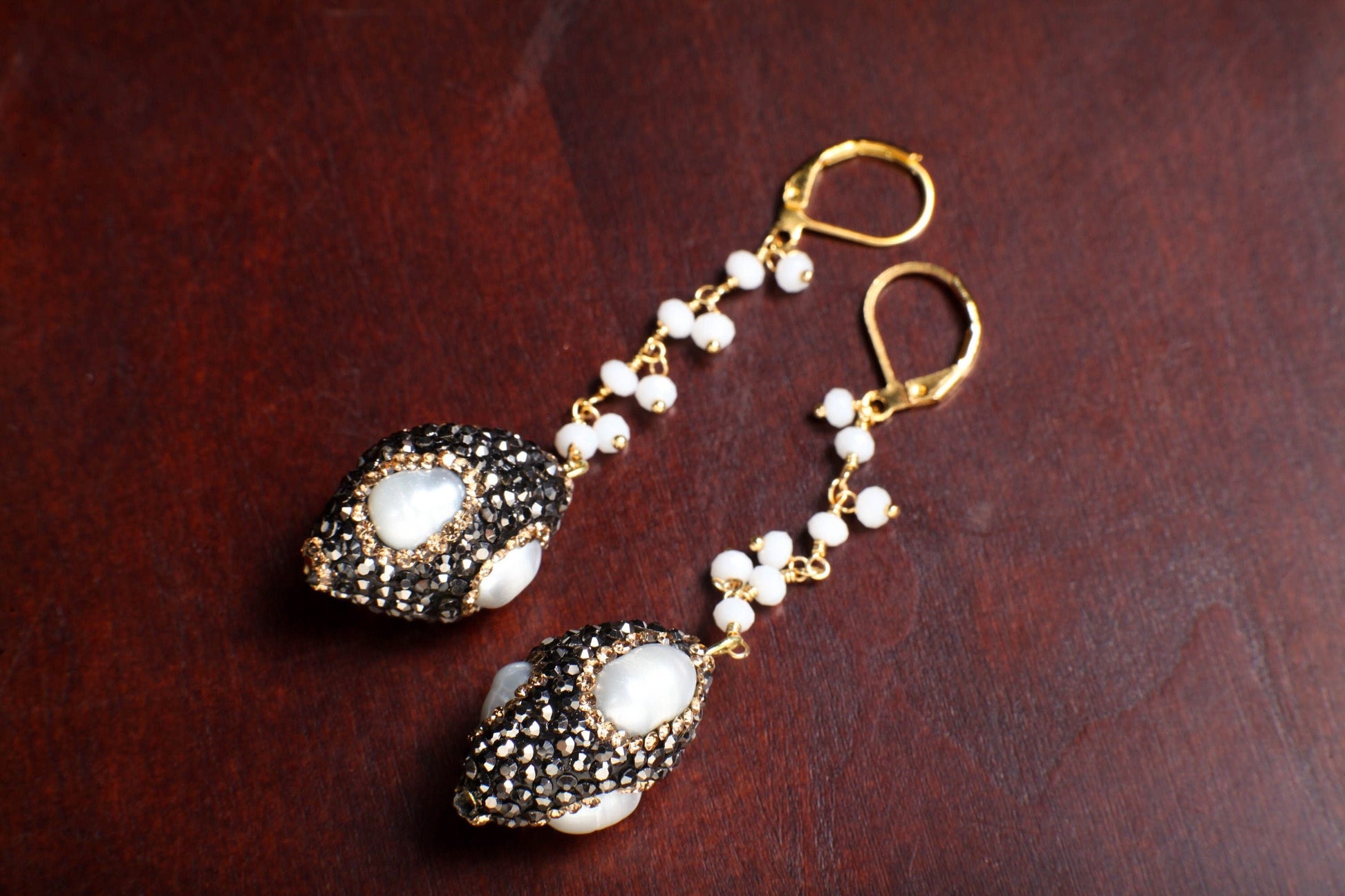 Genuine Freshwater Baroque Pearl, Rhinestone Crystal Inlaid Pave with Dangling Wire Wrapped Crystal Beaded Leverback Earrings Gift For Her