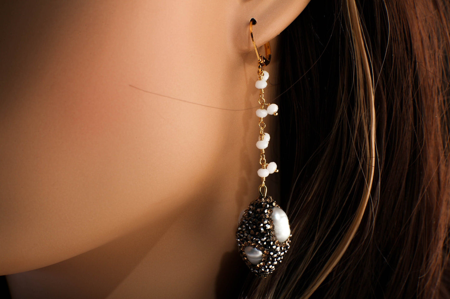 Genuine Freshwater Baroque Pearl, Rhinestone Crystal Inlaid Pave with Dangling Wire Wrapped Crystal Beaded Leverback Earrings Gift For Her
