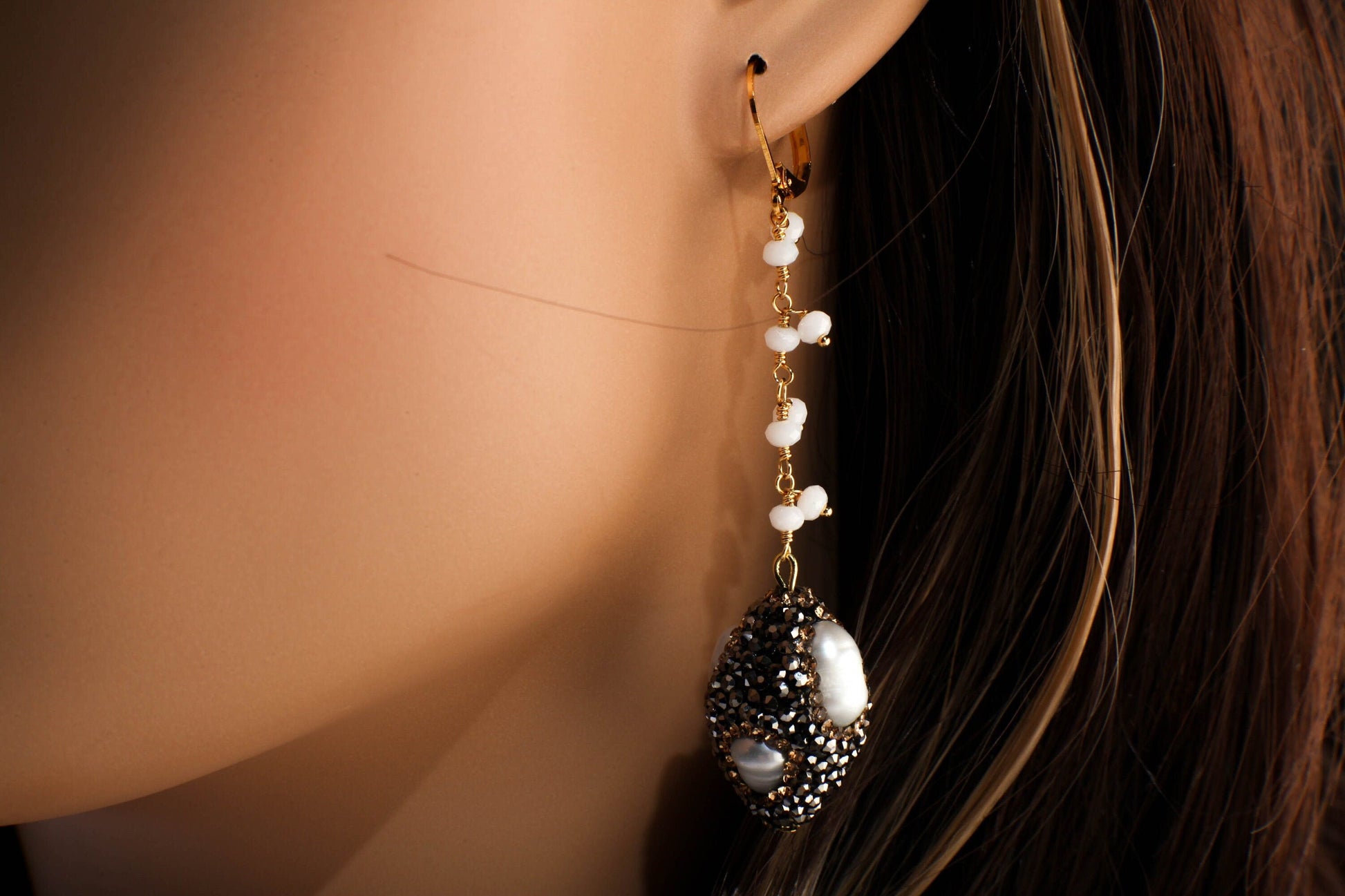Genuine Freshwater Baroque Pearl, Rhinestone Crystal Inlaid Pave with Dangling Wire Wrapped Crystal Beaded Leverback Earrings Gift For Her