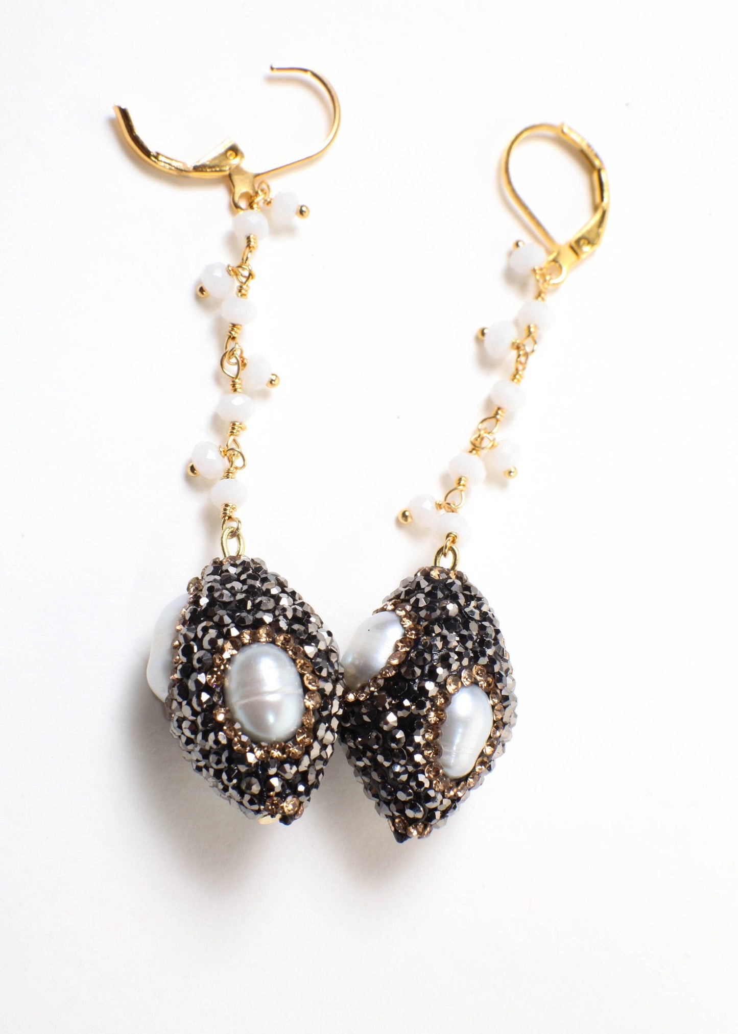 Genuine Freshwater Baroque Pearl, Rhinestone Crystal Inlaid Pave with Dangling Wire Wrapped Crystal Beaded Leverback Earrings Gift For Her