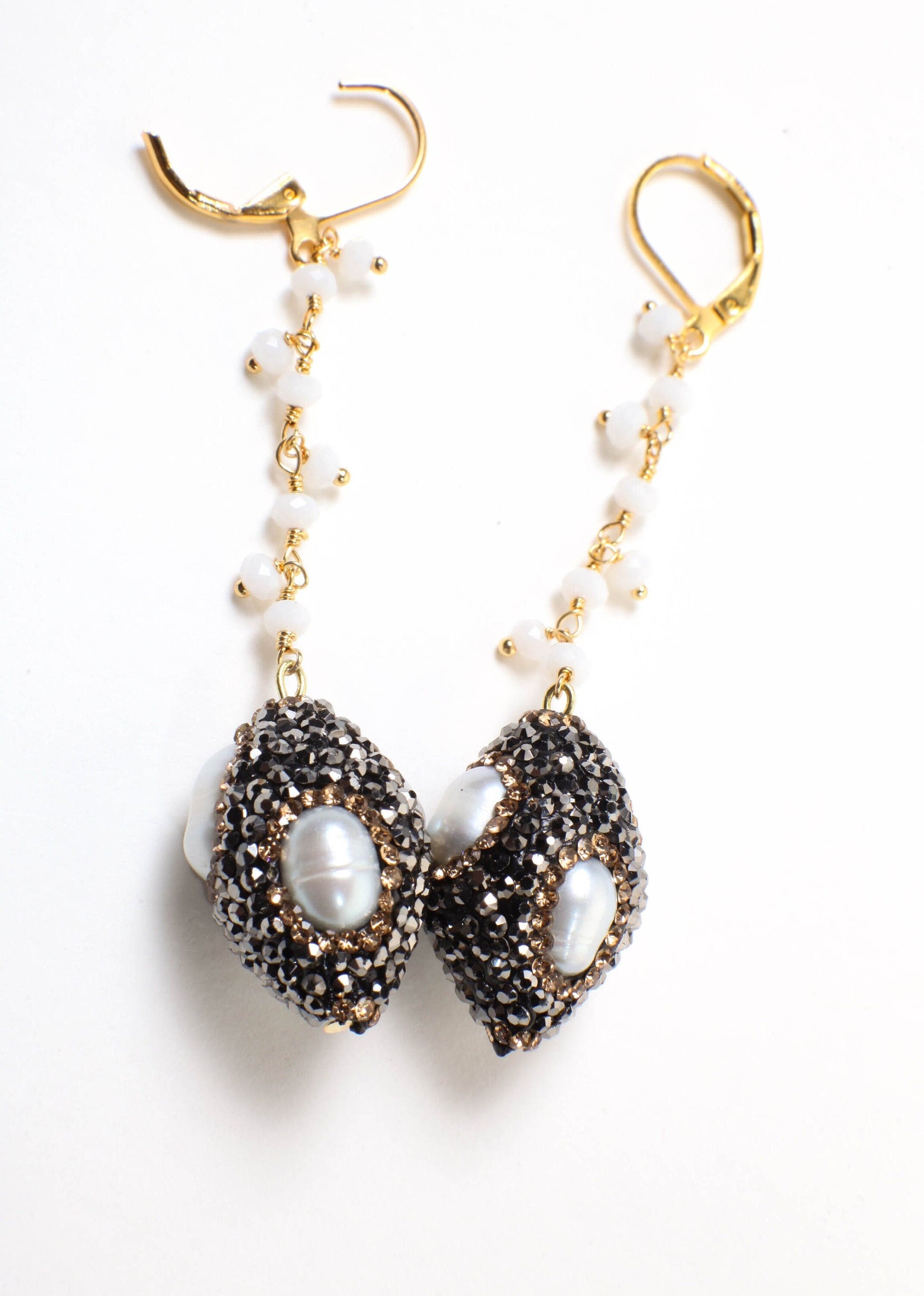 Genuine Freshwater Baroque Pearl, Rhinestone Crystal Inlaid Pave with Dangling Wire Wrapped Crystal Beaded Leverback Earrings Gift For Her