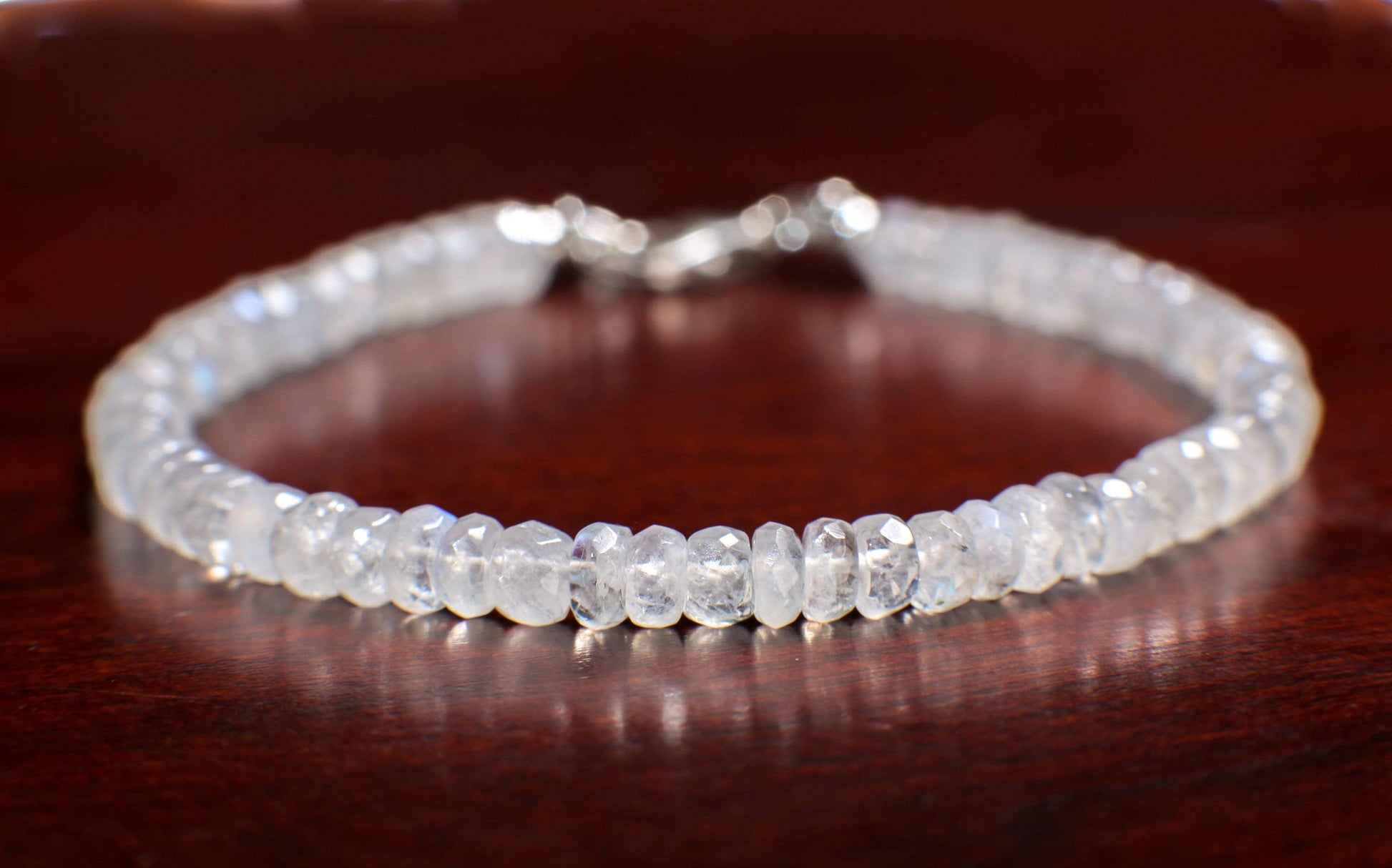 Moonstone Faceted Rondelle 4-5mm Bracelet in 925 Sterling Silver or 14K Gold Filled Clasp, Natural Precious gift for her.