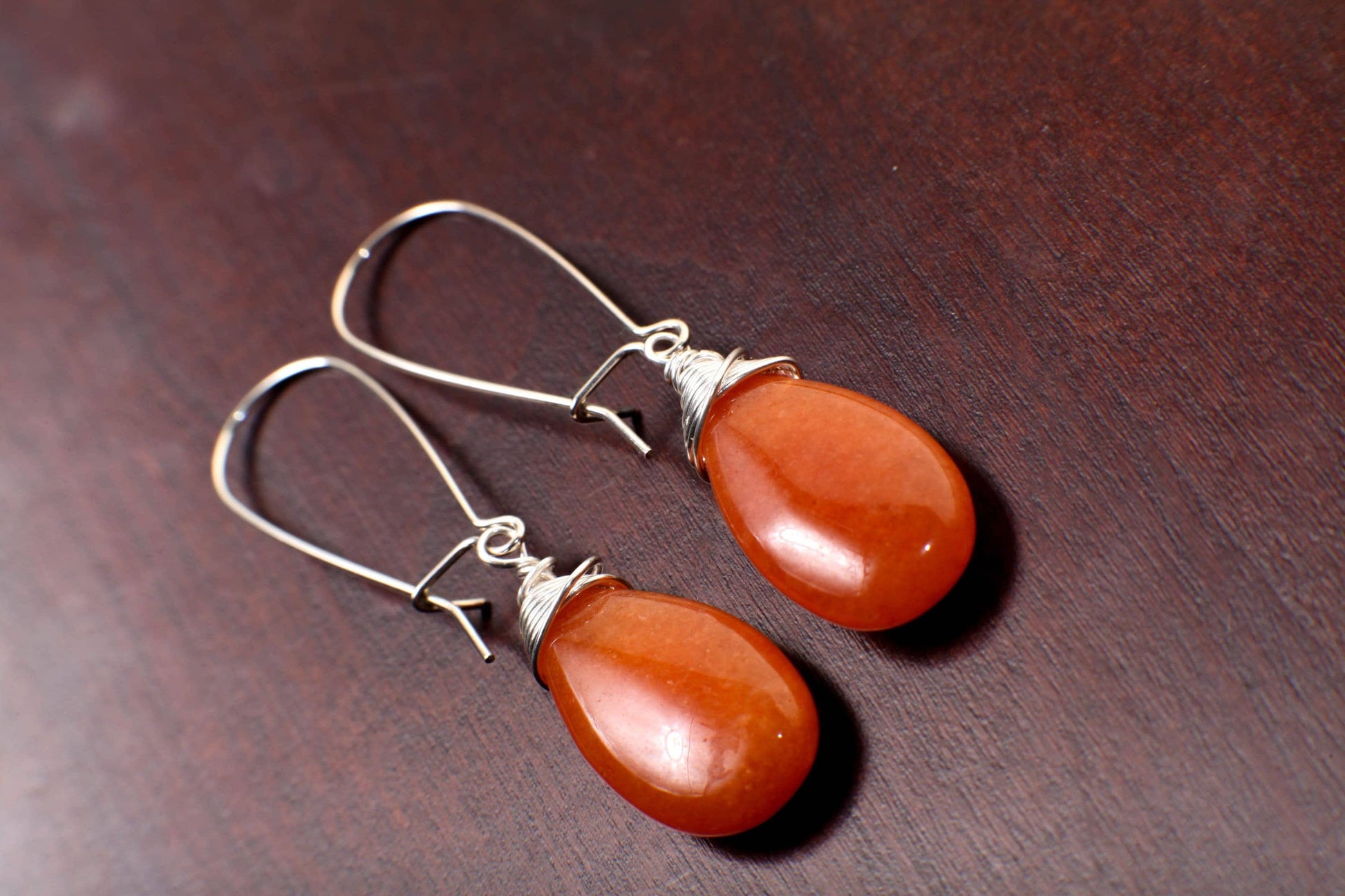 Orange Carnelian Pear Drop Wire Wrapped Dangling Earrings in 925 Sterling Silver. Soothing Orange Earring, Handmade Gift