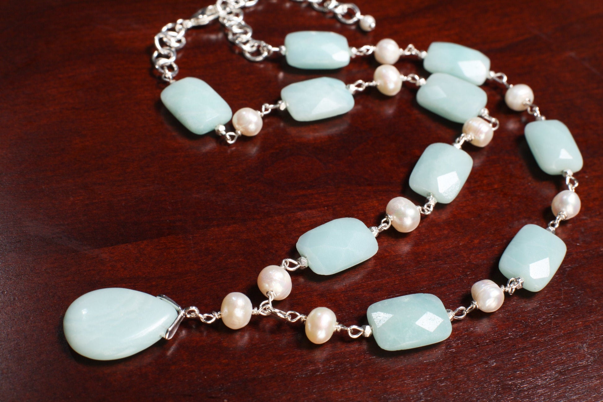 Natural Amazonite Pear Drop Pendant 18x25mm,Faceted Pillow Shape 13x18mm Freshwater Potato Pearl,silver wire wrapped 18.5" with 3" Extension