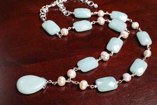 Natural Amazonite Pear Drop Pendant 18x25mm,Faceted Pillow Shape 13x18mm Freshwater Potato Pearl,silver wire wrapped 18.5" with 3" Extension