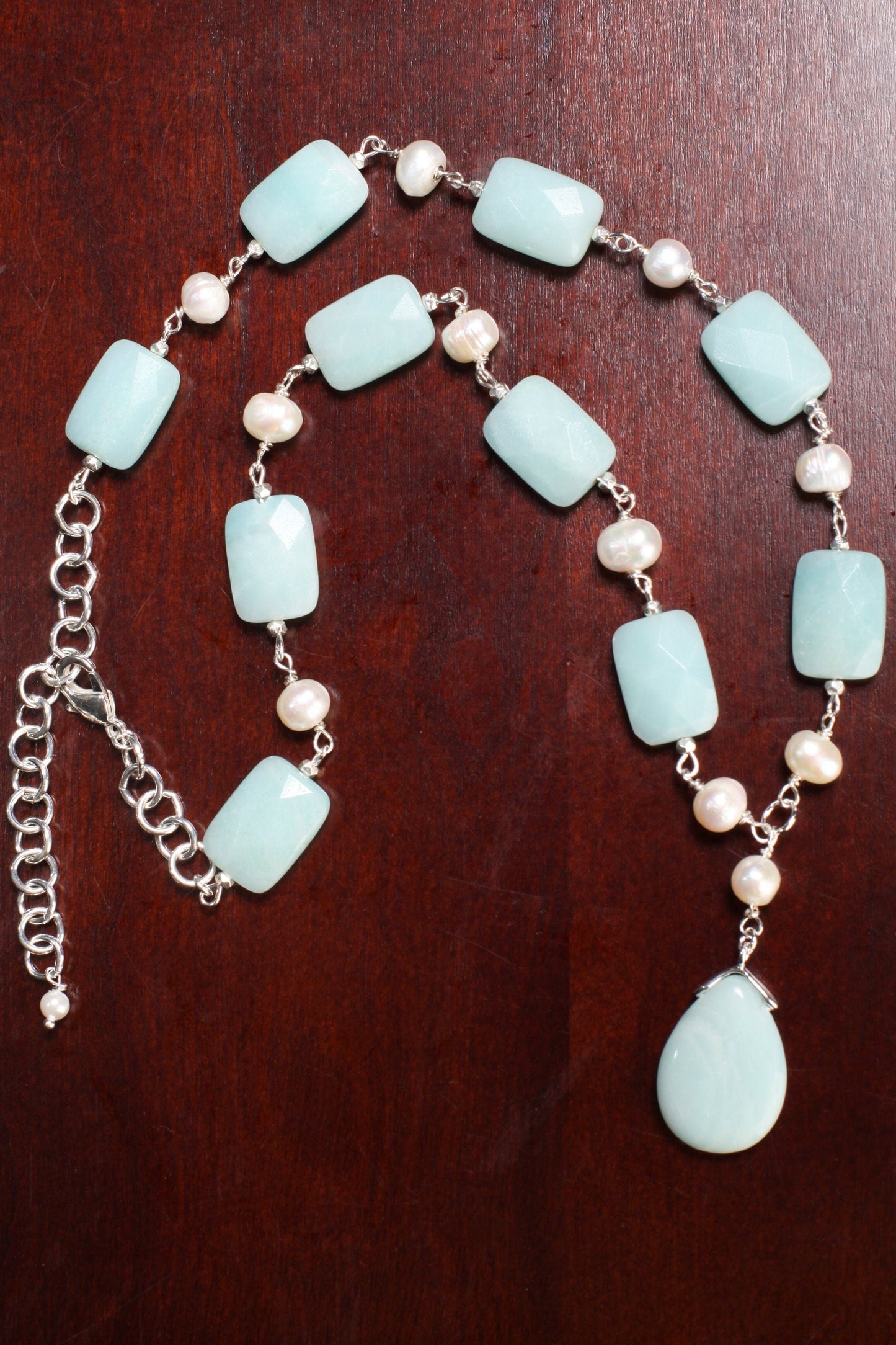 Natural Amazonite Pear Drop Pendant 18x25mm,Faceted Pillow Shape 13x18mm Freshwater Potato Pearl,silver wire wrapped 18.5" with 3" Extension