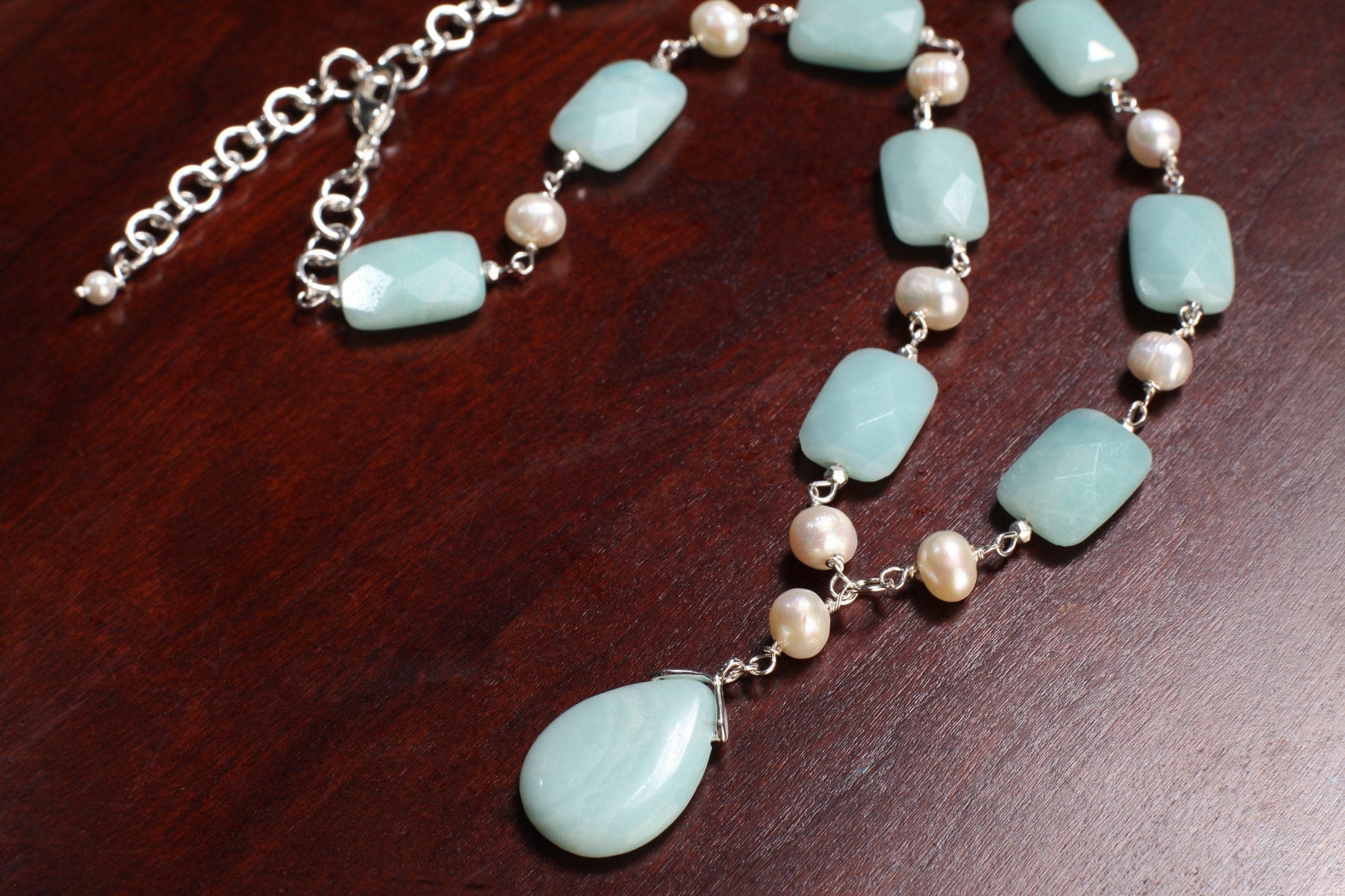 Natural Amazonite Pear Drop Pendant 18x25mm,Faceted Pillow Shape 13x18mm Freshwater Potato Pearl,silver wire wrapped 18.5" with 3" Extension