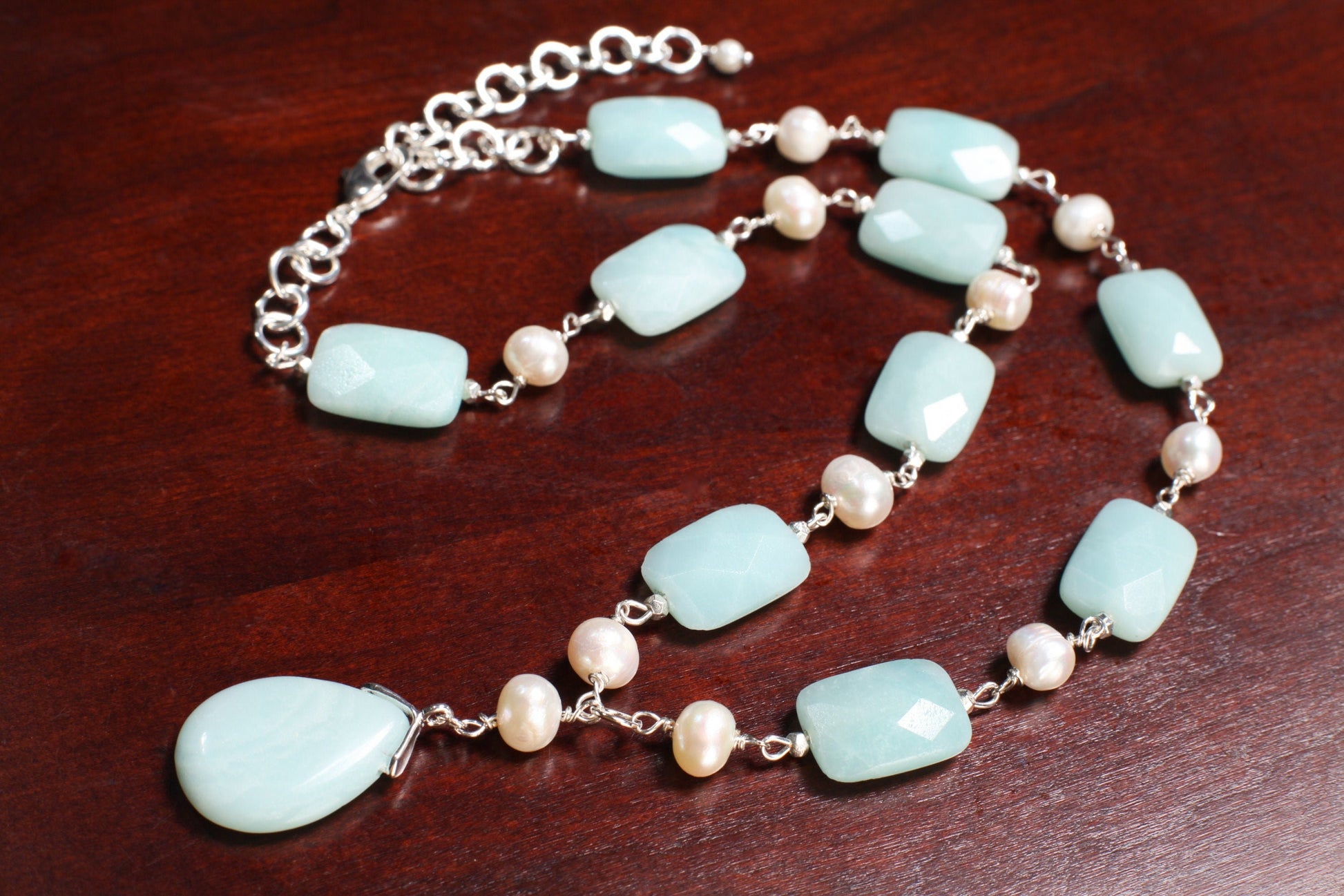 Natural Amazonite Pear Drop Pendant 18x25mm,Faceted Pillow Shape 13x18mm Freshwater Potato Pearl,silver wire wrapped 18.5" with 3" Extension