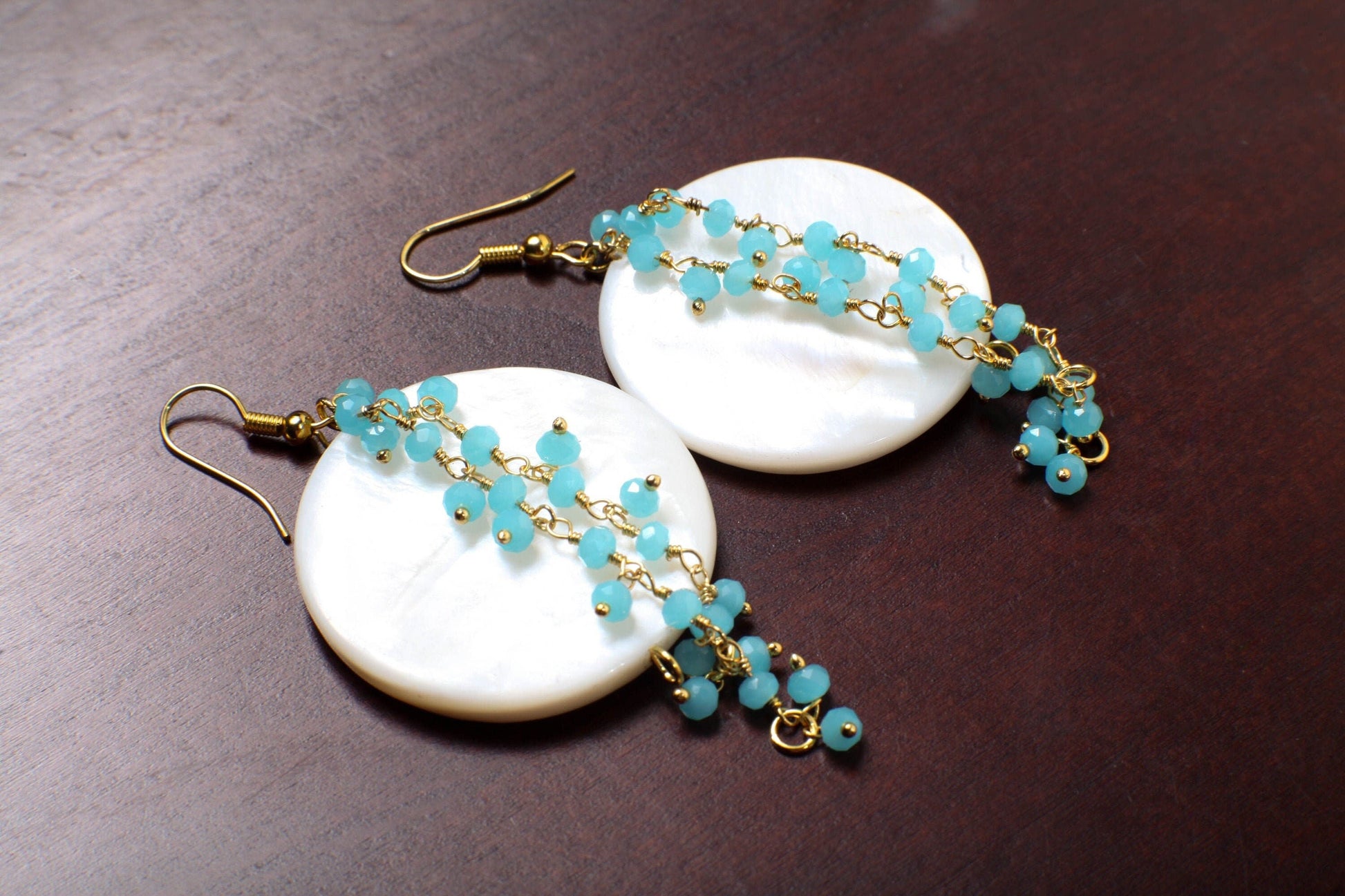 Mother of Pearl Shell 35mm Natural White with Dangling Blue Aqua Chalcedony crystal Cluster Gold Earwire Earrings, Beach, Boho Gift for her