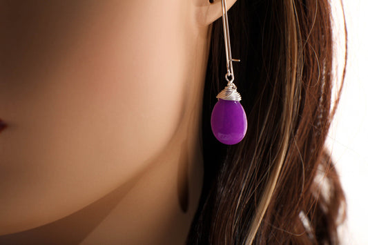 Purple Jade Pear Drop Wire Wrapped Dangling Earrings in 925 Sterling Silver Kidney Ear Wire, Soothing Purple Earring, Handmade Gift for Her