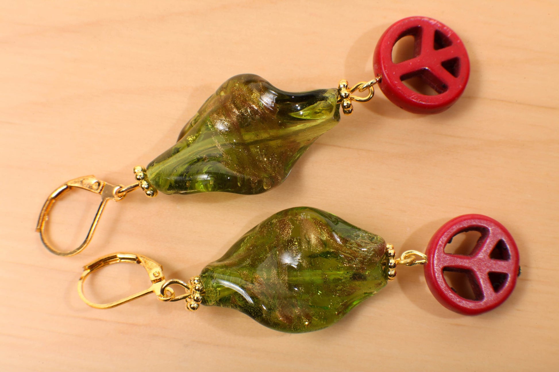 Gold Foil Czech Glass Lamp work Peridot Green Twisted Gold Foil Bead 18x28mm Dangle Peace Sign Gold Earrings, Vintage Handmade Gift for Her