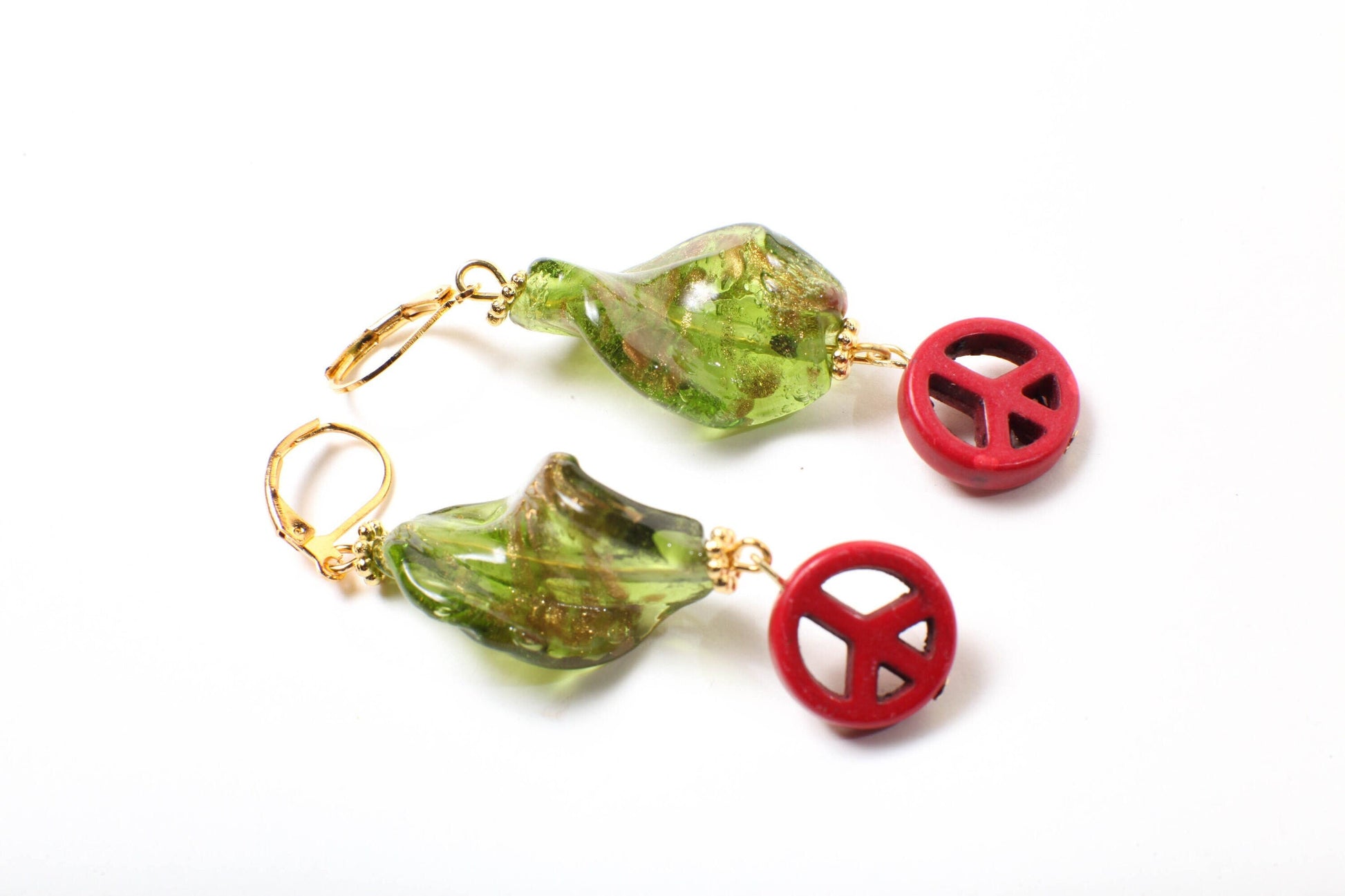 Gold Foil Czech Glass Lamp work Peridot Green Twisted Gold Foil Bead 18x28mm Dangle Peace Sign Gold Earrings, Vintage Handmade Gift for Her