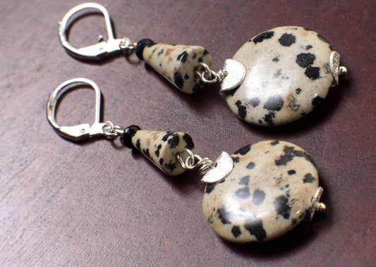 Dalmatian Jasper 20mm Round Disk with Dangling Cone in Choice of Silver Leverback or Clip On Earrings