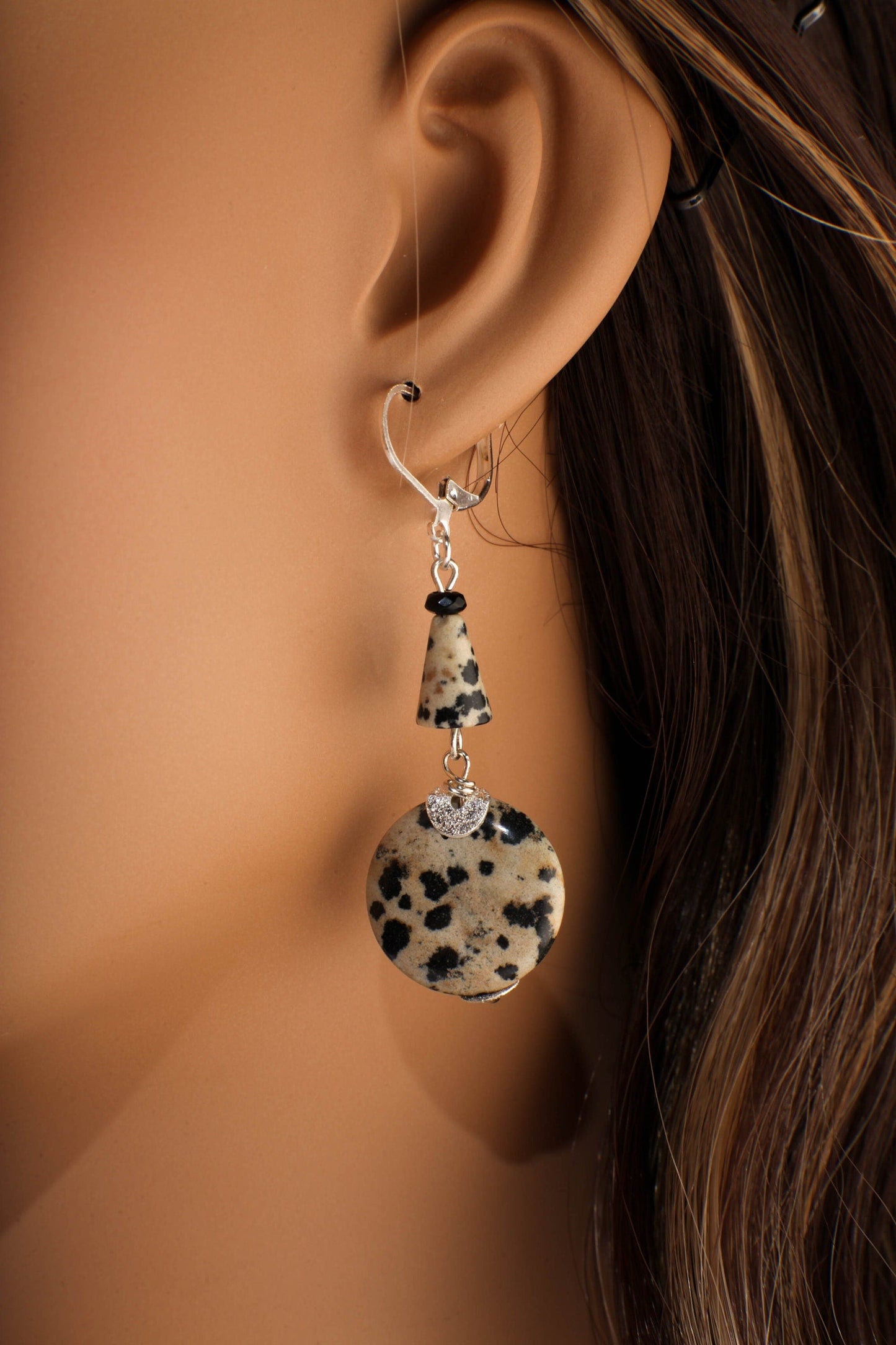 Dalmatian Jasper 20mm Round Disk with Dangling Cone in Choice of Silver Leverback or Clip On Earrings