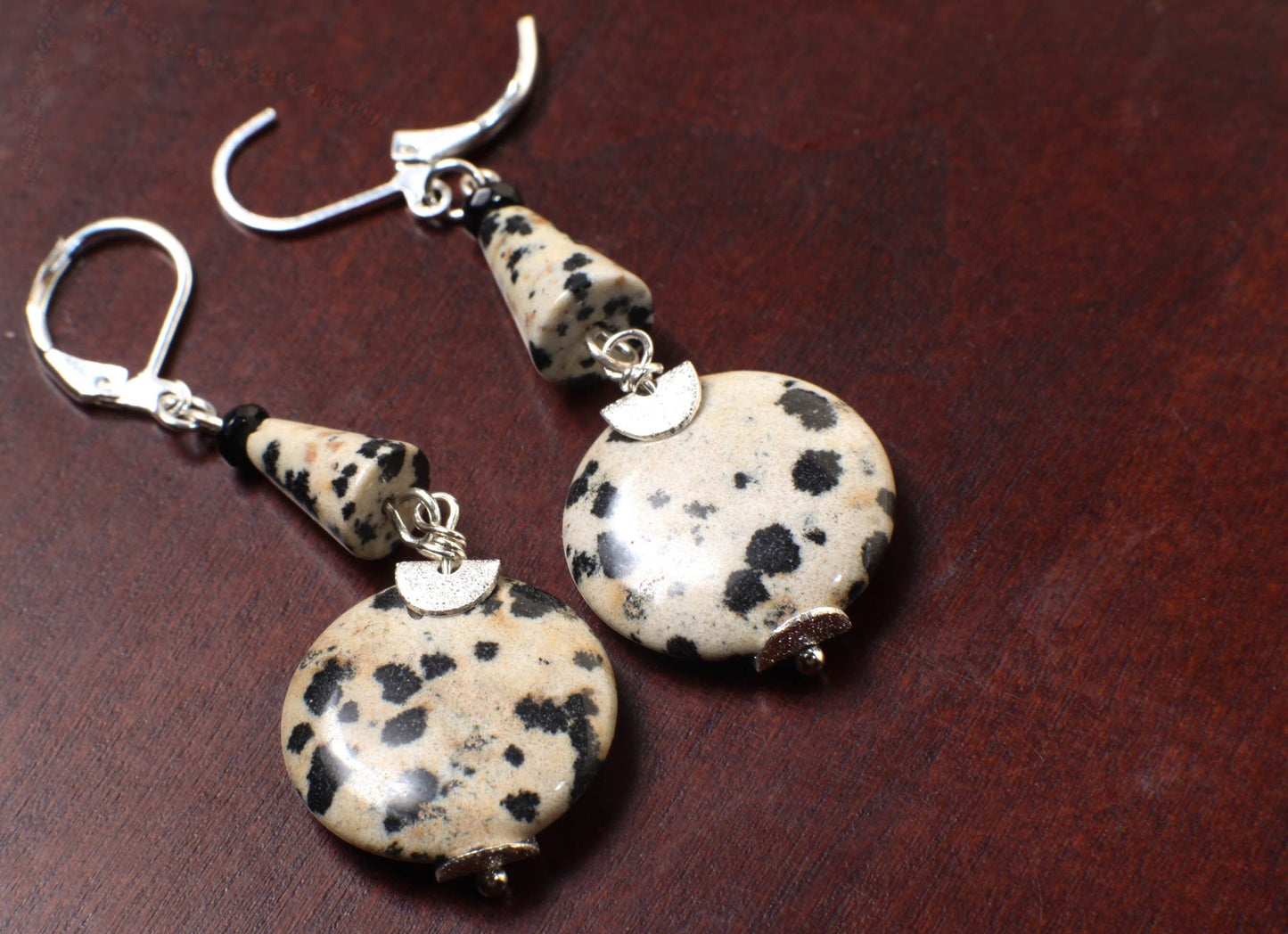 Dalmatian Jasper 20mm Round Disk with Dangling Cone in Choice of Silver Leverback or Clip On Earrings