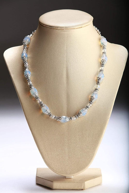Stunning Victorian Style Opalite Quartz Rice Oval with Bead Cap Extension Chain Necklace
