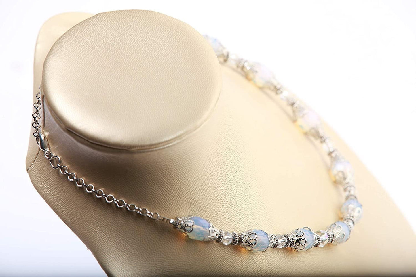 Stunning Victorian Style Opalite Quartz Rice Oval with Bead Cap Extension Chain Necklace