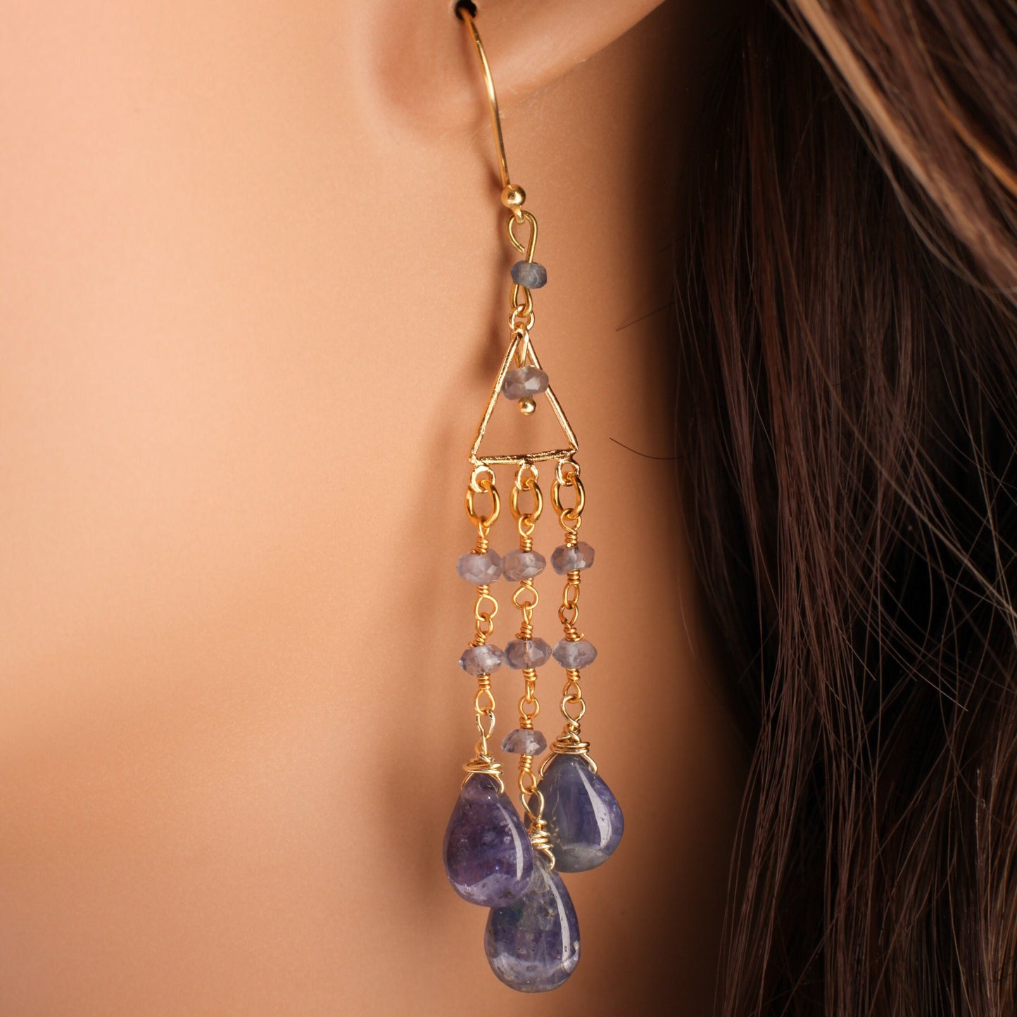 Tanzanite Chandelier Dangling Teardrop 8x12mm Earrings in Gold Vermeil Over 925 Sterling Silver Hook Earwire