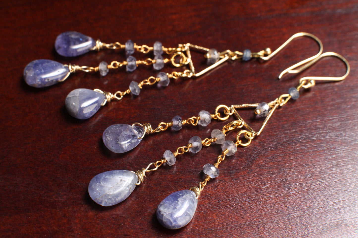 Tanzanite Chandelier Dangling Teardrop 8x12mm Earrings in Gold Vermeil Over 925 Sterling Silver Hook Earwire