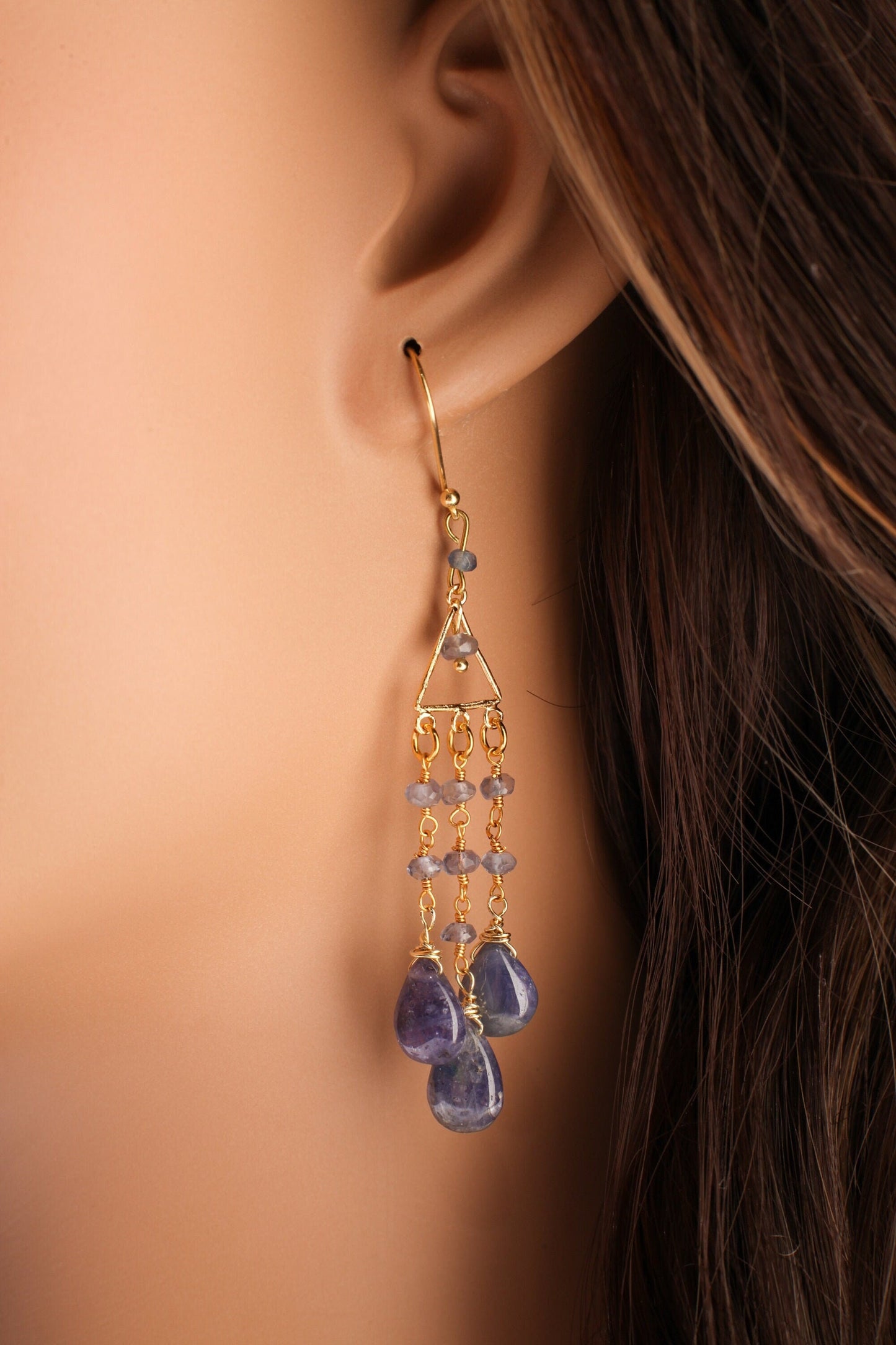 Tanzanite Chandelier Dangling Teardrop 8x12mm Earrings in Gold Vermeil Over 925 Sterling Silver Hook Earwire