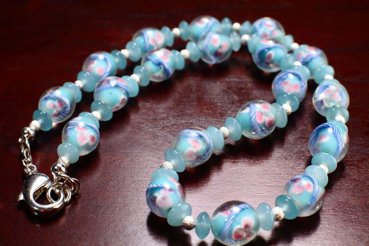 Czech Glass Pink Flowers Foil Lamp work 12x13mm Oval Beads with Blue Aquamarine Rondelle, Brushed Silver Spacer Beads 21&quot; Necklace