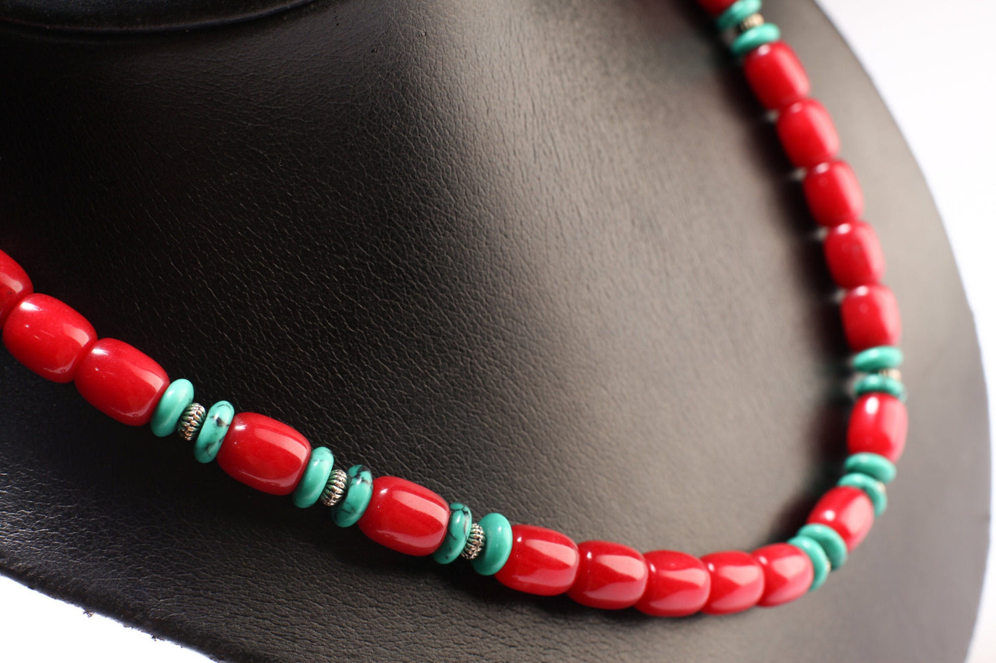 Ruby Jade Oval Barrel 9x11mm with Turquoise Rondelle 18" Necklace with 2" Extension Chain