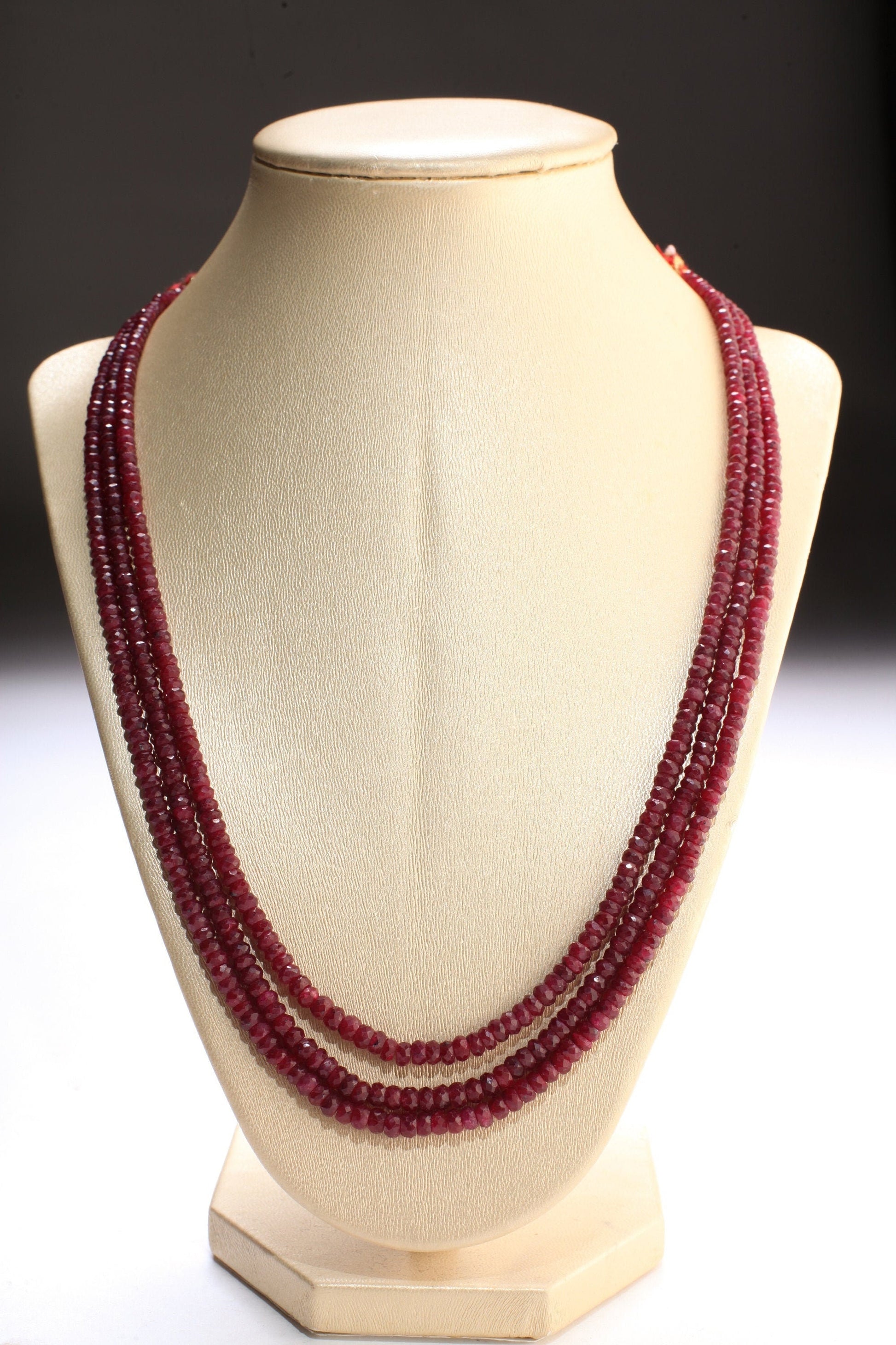 AAA Natural Ruby Gemstones 4-4.5mm Multi Strand, 3 Line Layer Gemstone Rondelle Necklace 15.5" Plus 9" Adjustable Thread. 270Ct