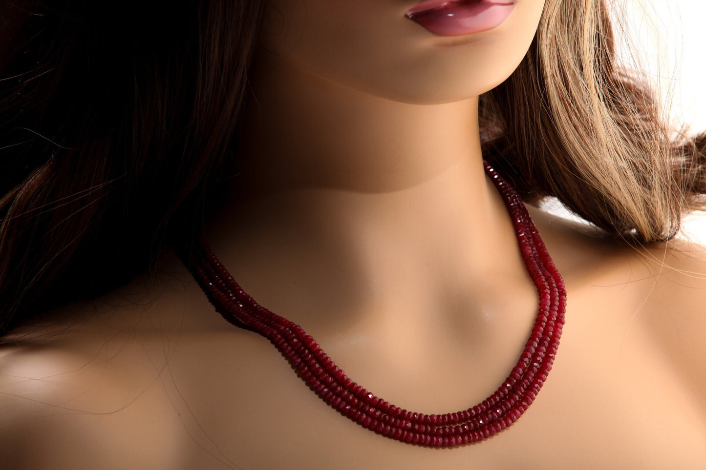 AAA Natural Ruby Gemstones 4-4.5mm Multi Strand, 3 Line Layer Gemstone Rondelle Necklace 15.5&quot; Plus 9&quot; Adjustable Thread. 270Ct