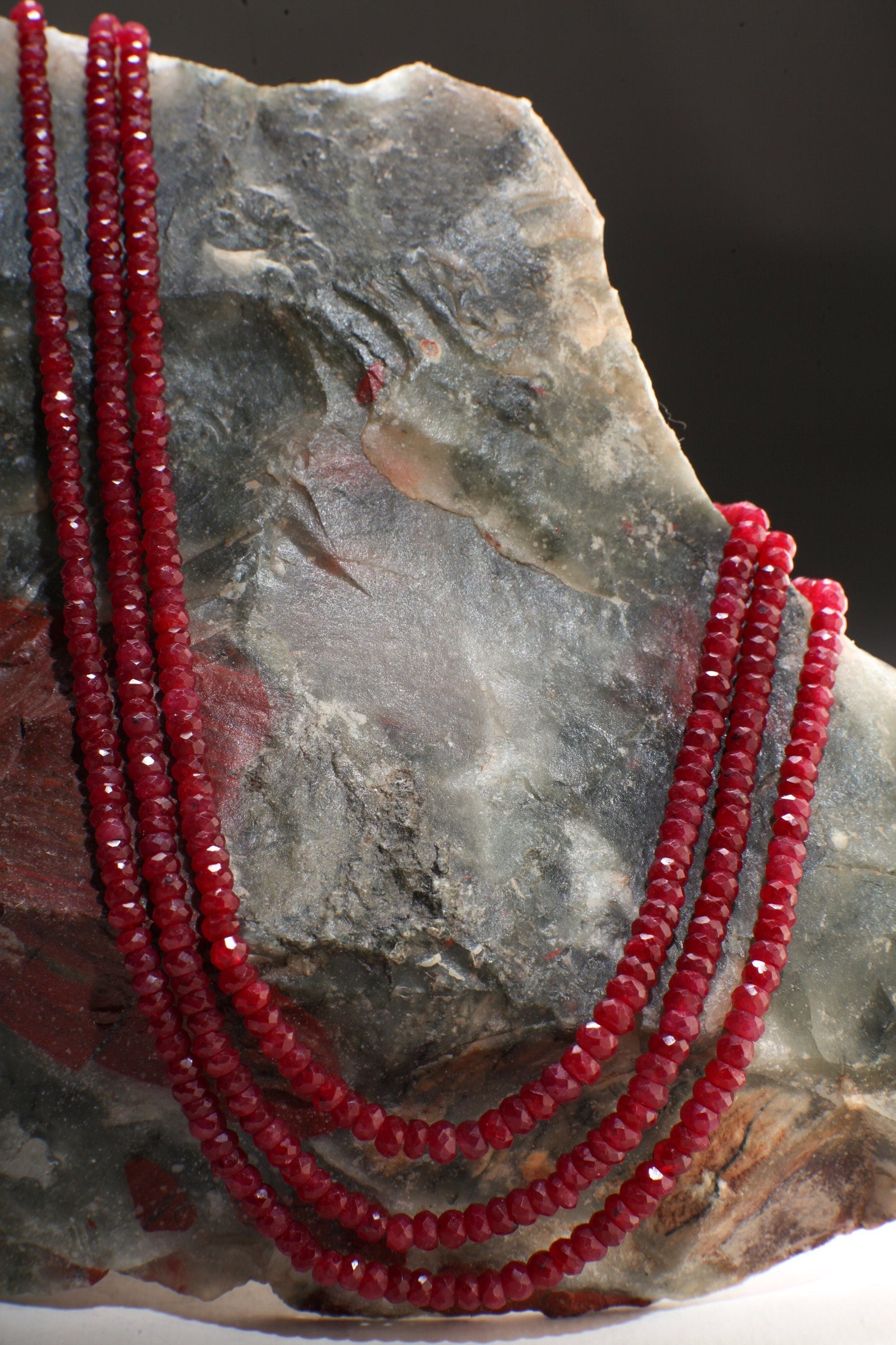 AAA Natural Ruby Gemstones 4-4.5mm Multi Strand, 3 Line Layer Gemstone Rondelle Necklace 15.5&quot; Plus 9&quot; Adjustable Thread. 270Ct