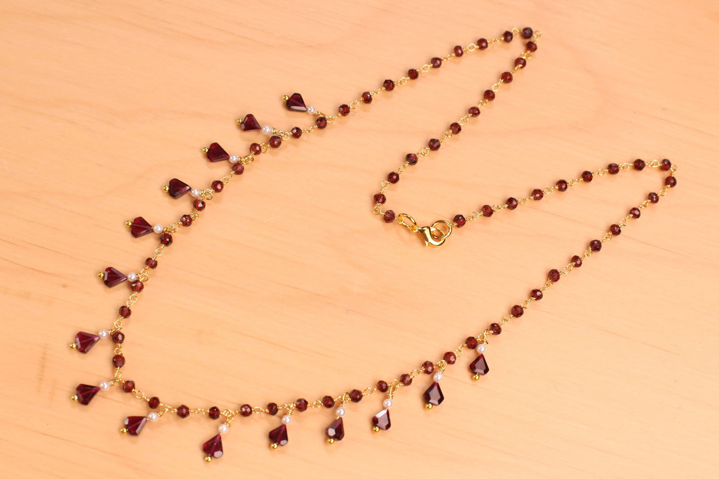 Genuine Garnet Faceted Merlot Red Clusters and Dangling Garnet Freshwater Pearl Wire Wrap Handmade Gold Necklace, Bridal Gift