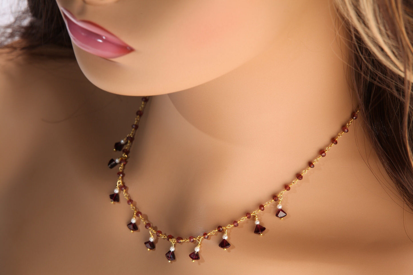 Genuine Garnet Faceted Merlot Red Clusters and Dangling Garnet Freshwater Pearl Wire Wrap Handmade Gold Necklace, Bridal Gift