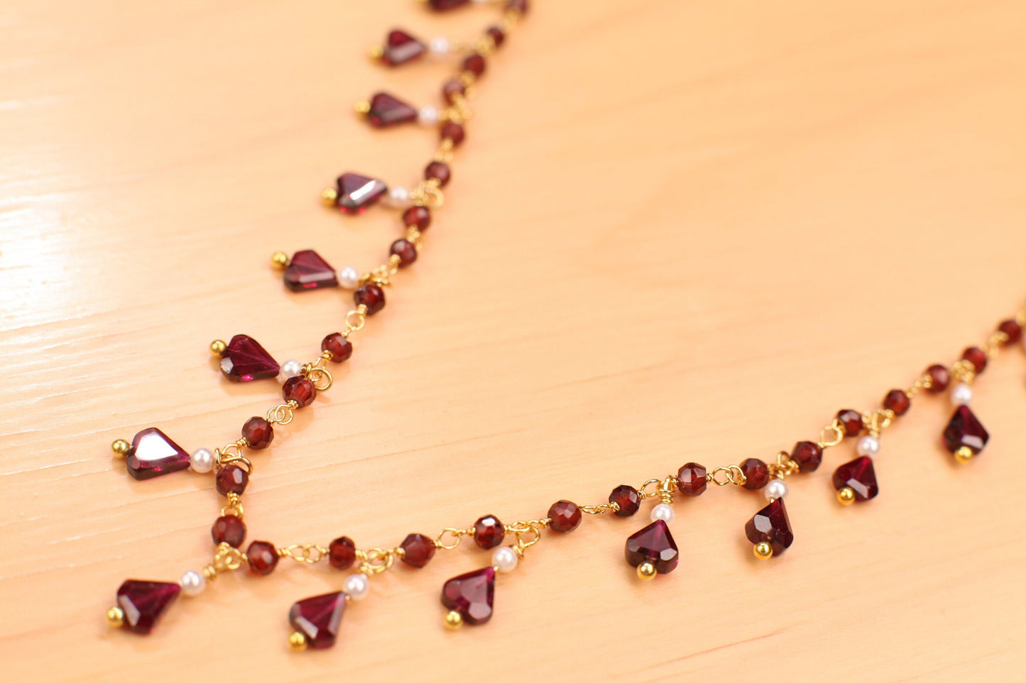 Genuine Garnet Faceted Merlot Red Clusters and Dangling Garnet Freshwater Pearl Wire Wrap Handmade Gold Necklace, Bridal Gift