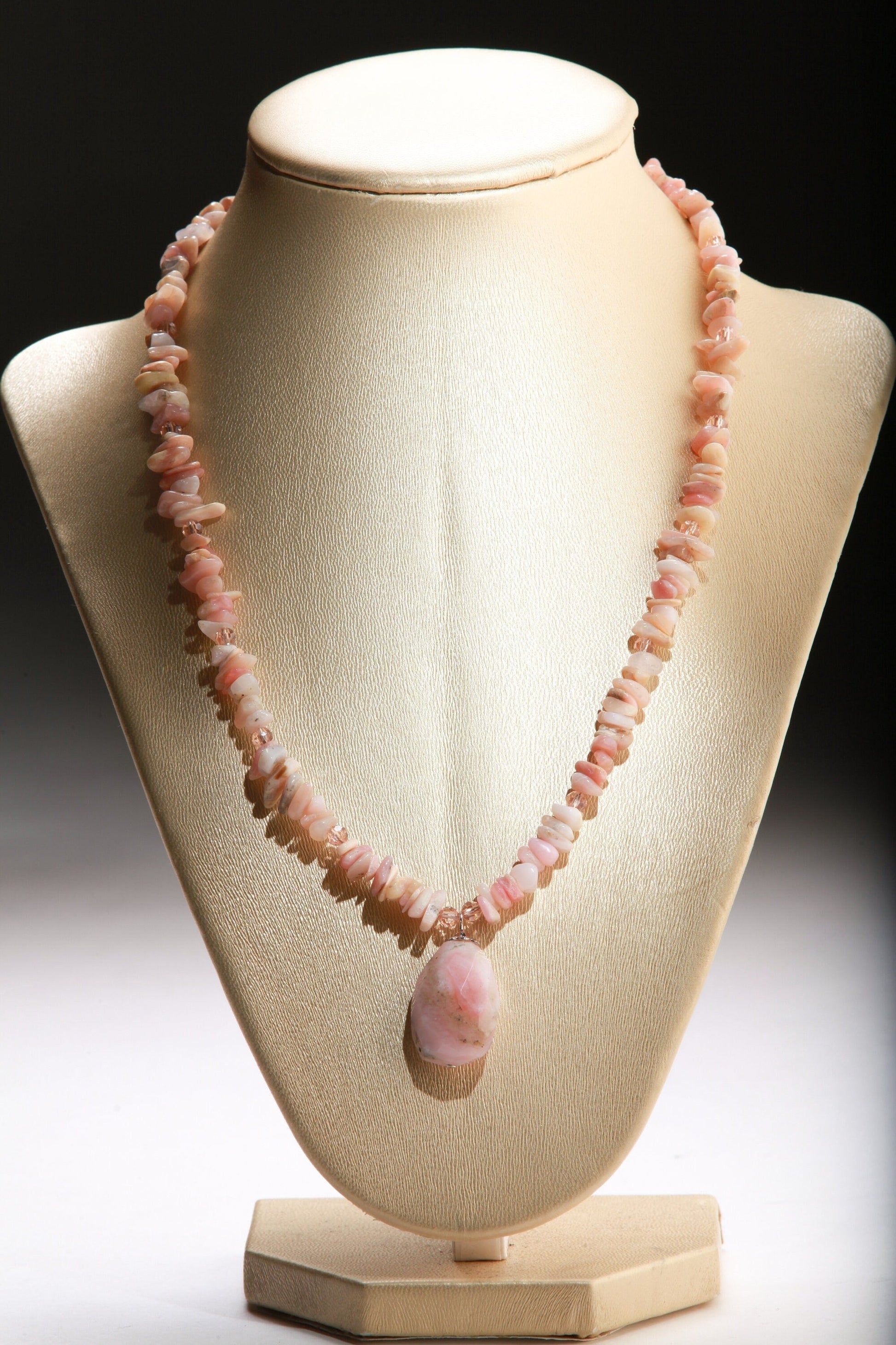 Pink Peruvian Opal Raw Chips Gemstone with Free Form pink peru opal Faceted Pendant in 19" Necklace and 2" Extension Chain.