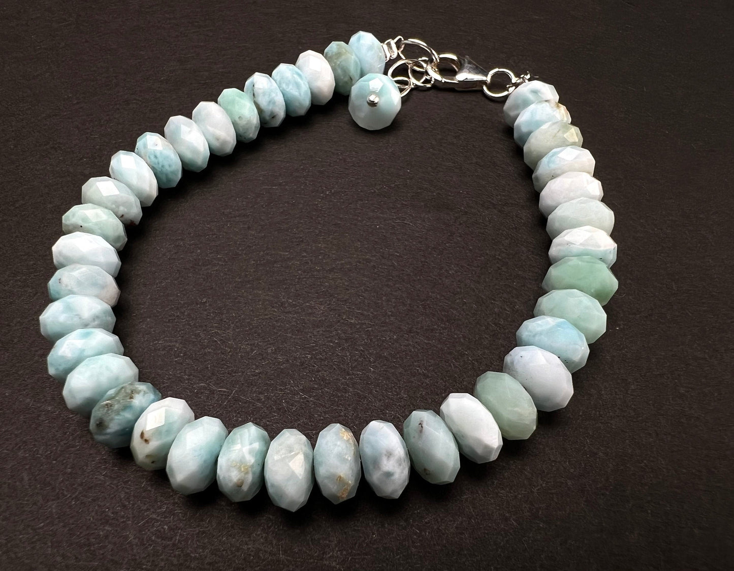 Genuine Larimar Gemstone 7.5-8mm faceted AAA Roundel 925 Sterling silver Bracelet , healing gemstone beads, high Quality Gift