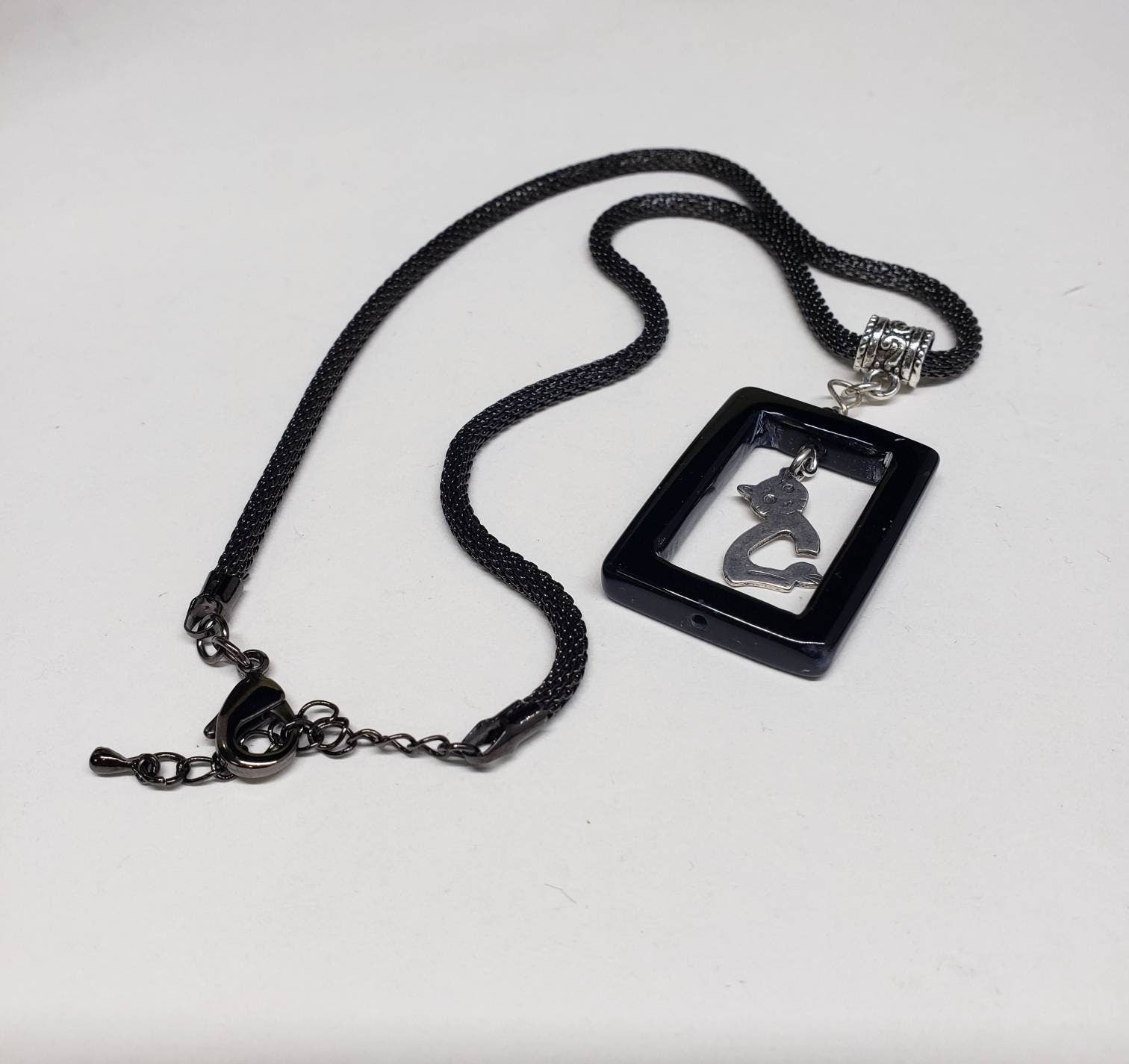 925 sterling silver cat charm in black onyx frame with gunmetal black chain 20&quot;(18&quot;& 2&quot; Extension ) Cute cat, Cat lovers necklace gift