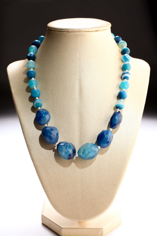 Blue Stripe Banded Agate Free Form Faceted Pebble Nugget Centerpiece Necklace, Matte Banded Blue Agate with Brushed Silver Spacers 18.5”