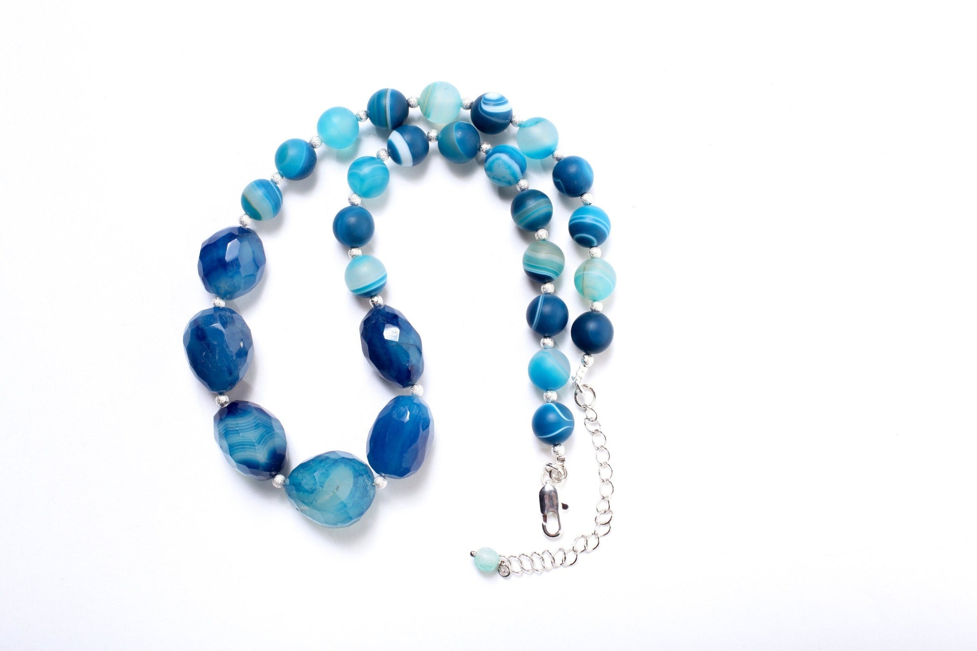 Blue Stripe Banded Agate Free Form Faceted Pebble Nugget Centerpiece Necklace, Matte Banded Blue Agate with Brushed Silver Spacers 18.5”