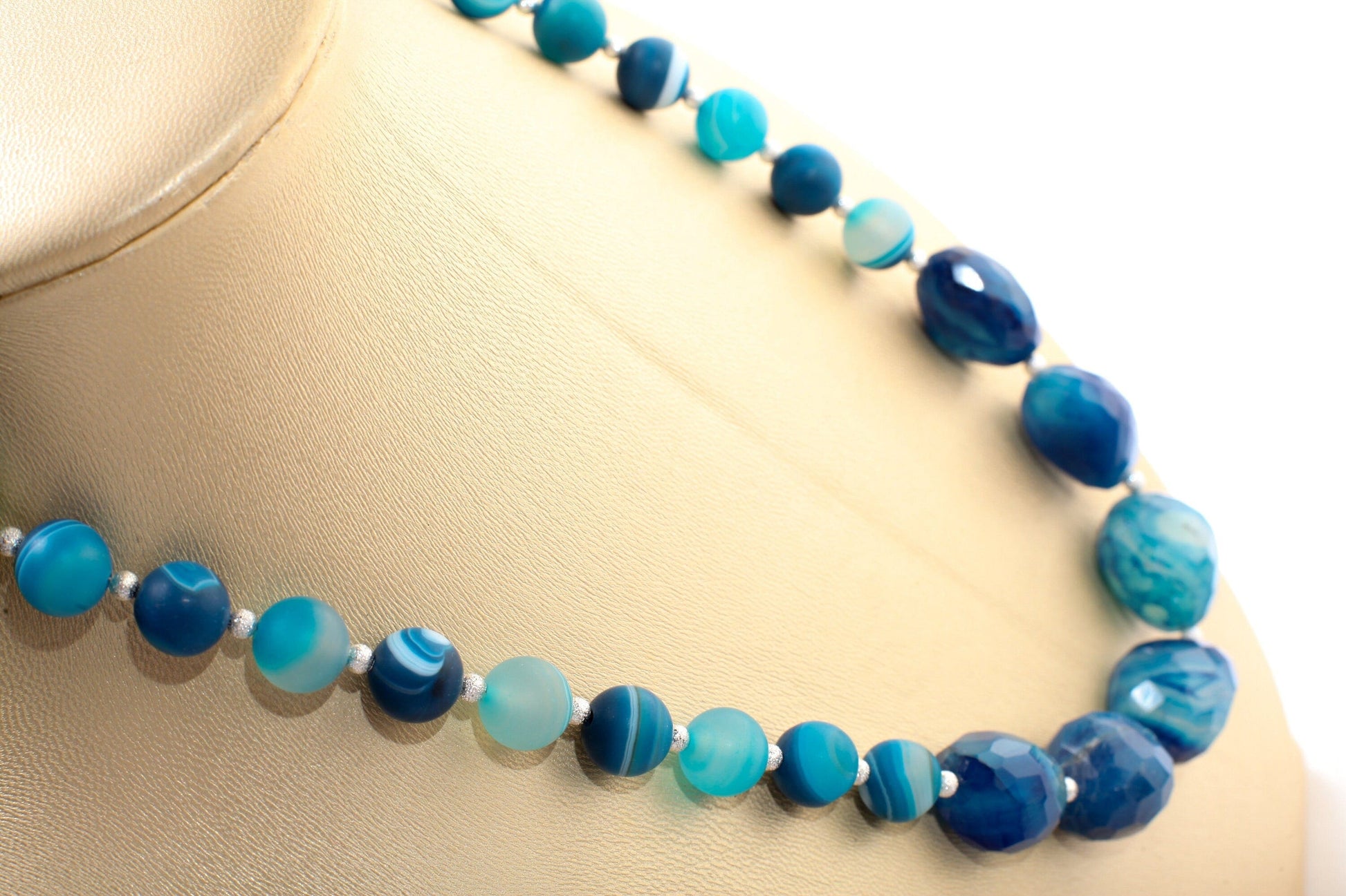 Blue Stripe Banded Agate Free Form Faceted Pebble Nugget Centerpiece Necklace, Matte Banded Blue Agate with Brushed Silver Spacers 18.5”