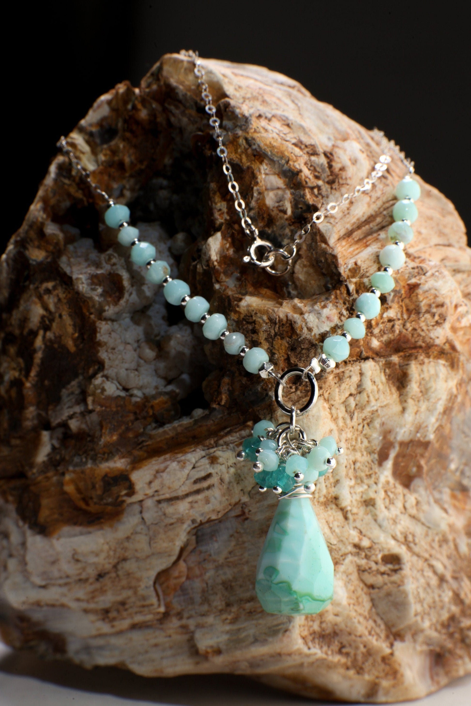 Blue Peruvian Opal Briolette Drop in Sterling Silver Wire Wrapped, Blue Opal,Apatite Clusters in Sterling Silver Opal Rosary Chain 22&quot; long