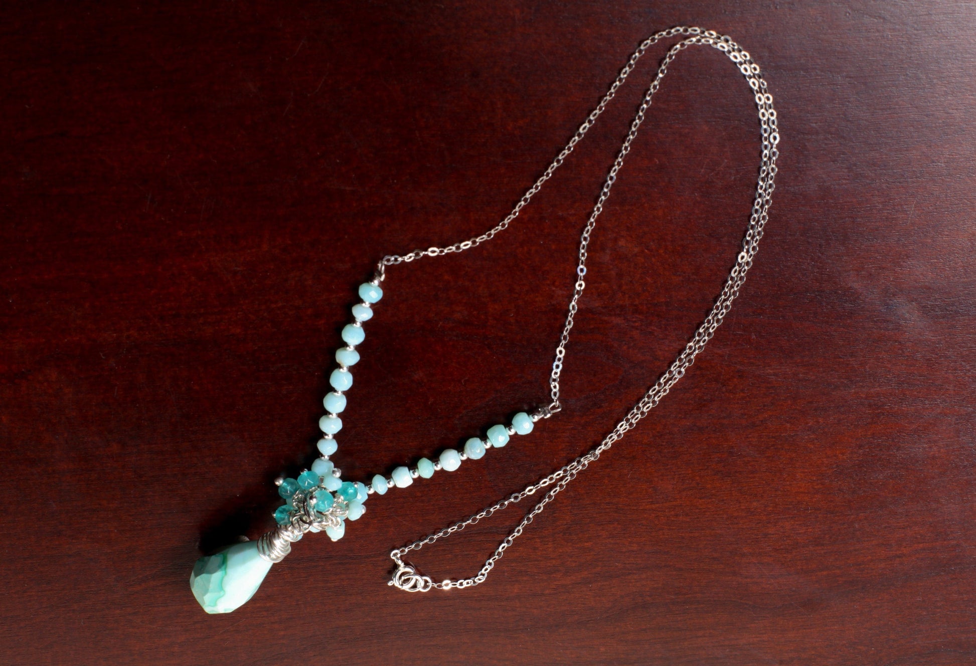 Blue Peruvian Opal Briolette Drop in Sterling Silver Wire Wrapped, Blue Opal,Apatite Clusters in Sterling Silver Opal Rosary Chain 22&quot; long
