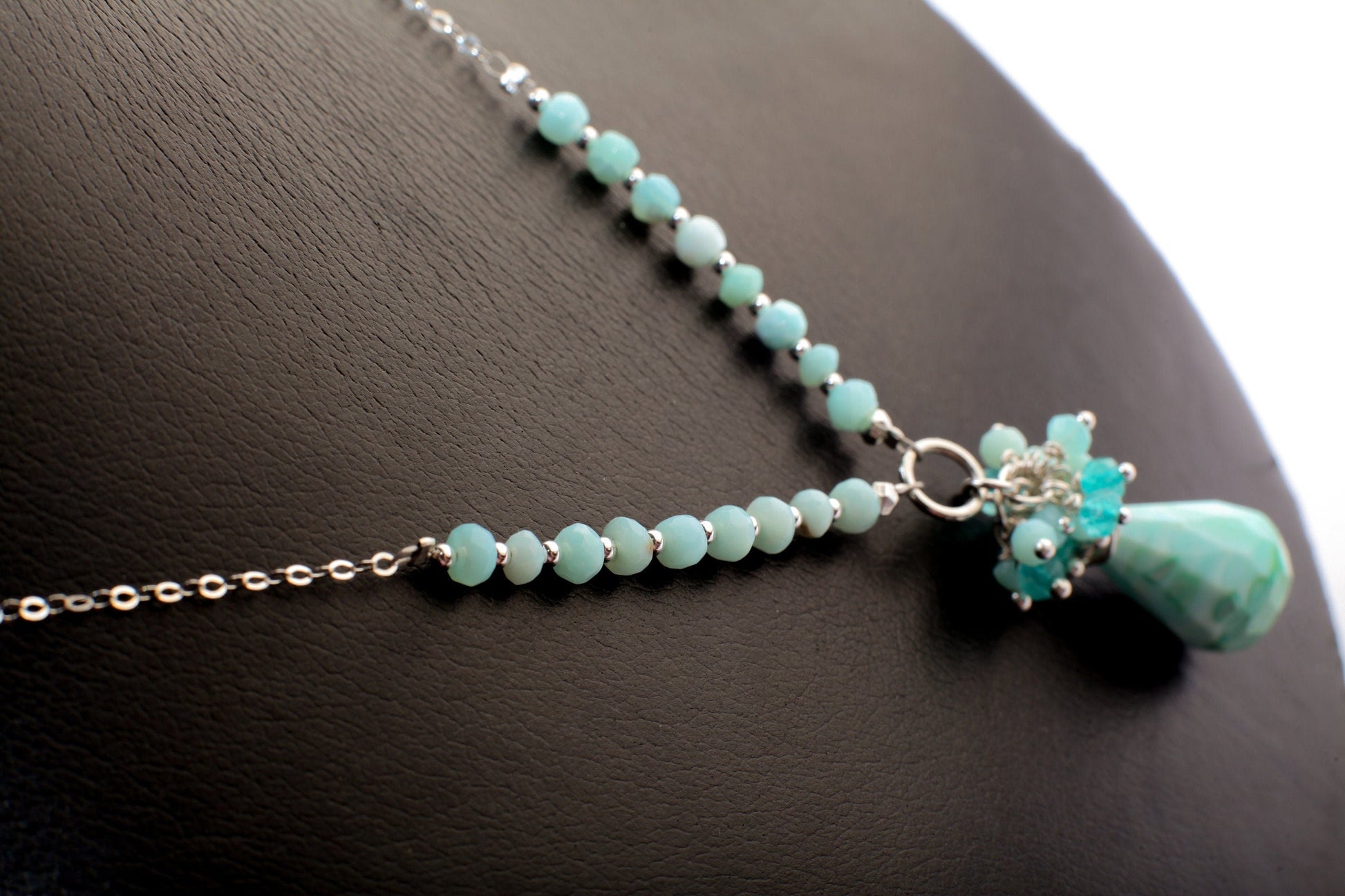 Blue Peruvian Opal Briolette Drop in Sterling Silver Wire Wrapped, Blue Opal,Apatite Clusters in Sterling Silver Opal Rosary Chain 22&quot; long