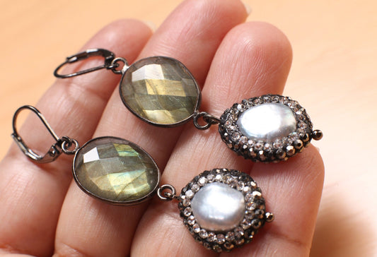 Natural Labradorite Free Form Oval Back Oxidized Silver Bezel with Dangling Natural silver gray earrring