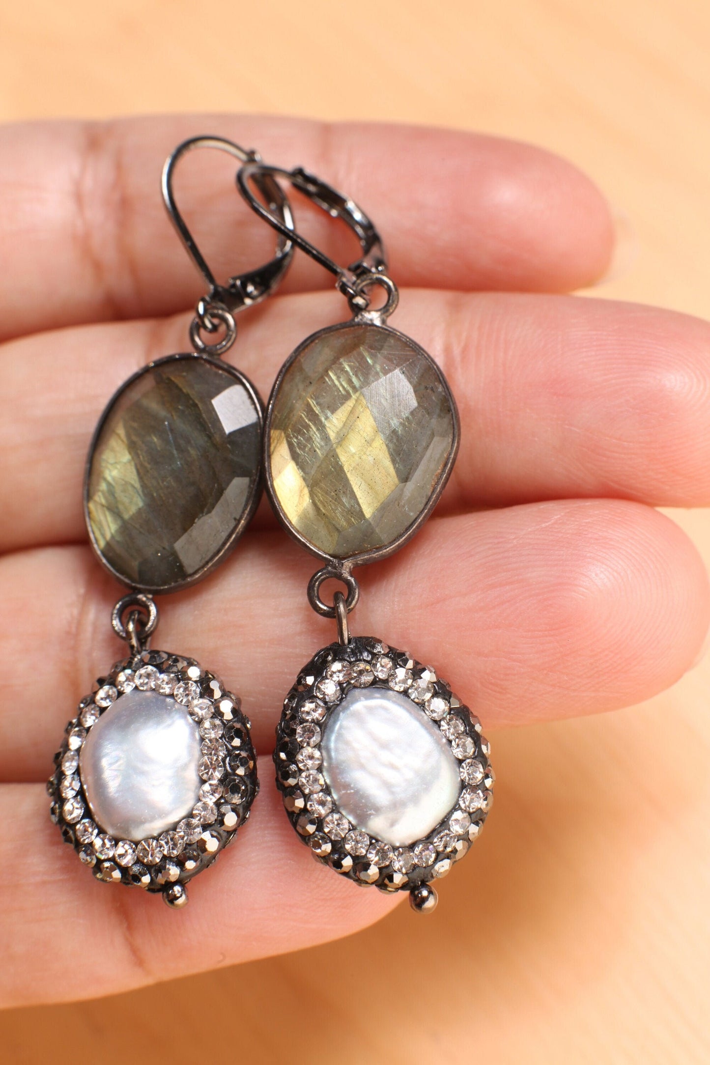 Natural Labradorite Free Form Oval Back Oxidized Silver Bezel with Dangling Natural silver gray earrring