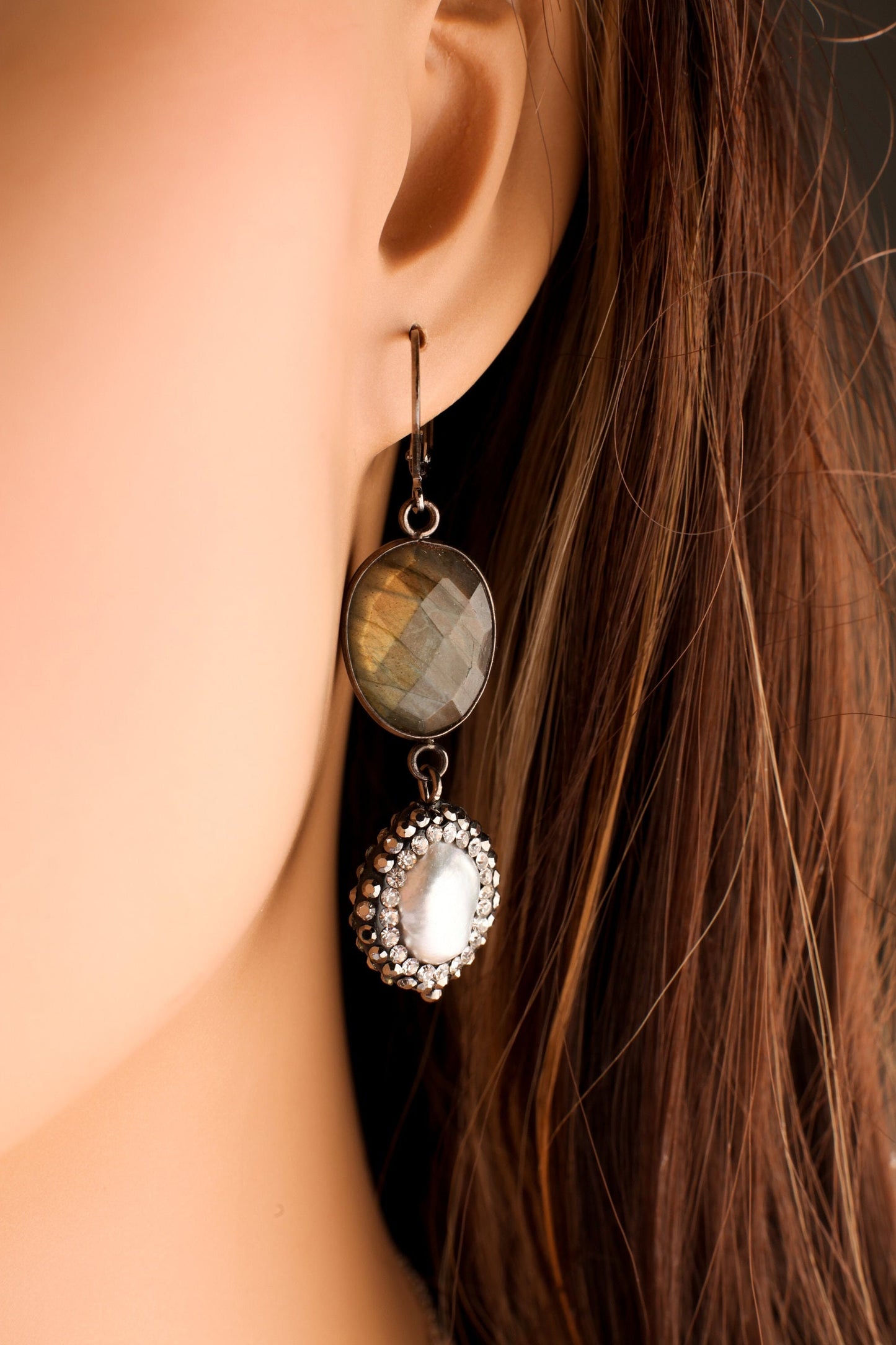 Natural Labradorite Free Form Oval Back Oxidized Silver Bezel with Dangling Natural silver gray earrring