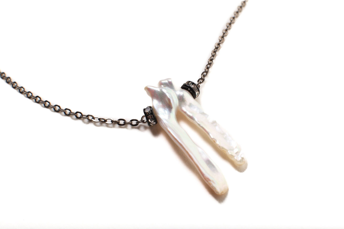 Natural Fresh Water Biwa Stick Pearl and Rhinestone Diamond Pendant, Black Oxidized Silver Chain, Extendable Chain Necklace