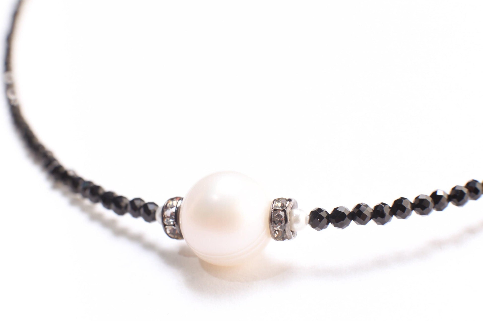 Black Spinel Micro Faceted Diamond Cut Choker Necklace, Freshwater Pearl, Diamond Style Rhinestone Roundel Pendant 14" Necklace 2" Extension